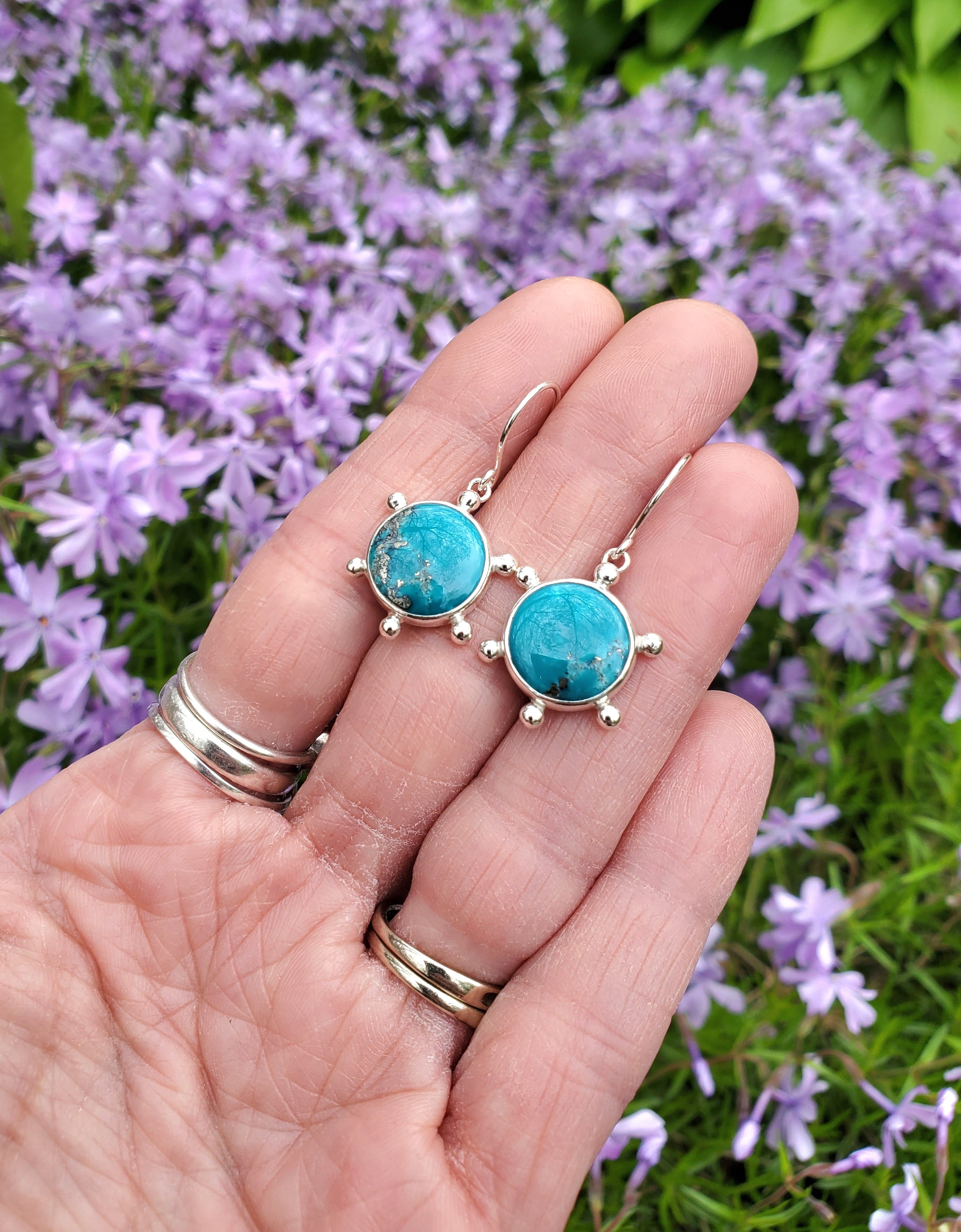 Persian Blue Turquoise Round Studded Dangle Drop Earrings in Solid Sterling Silver