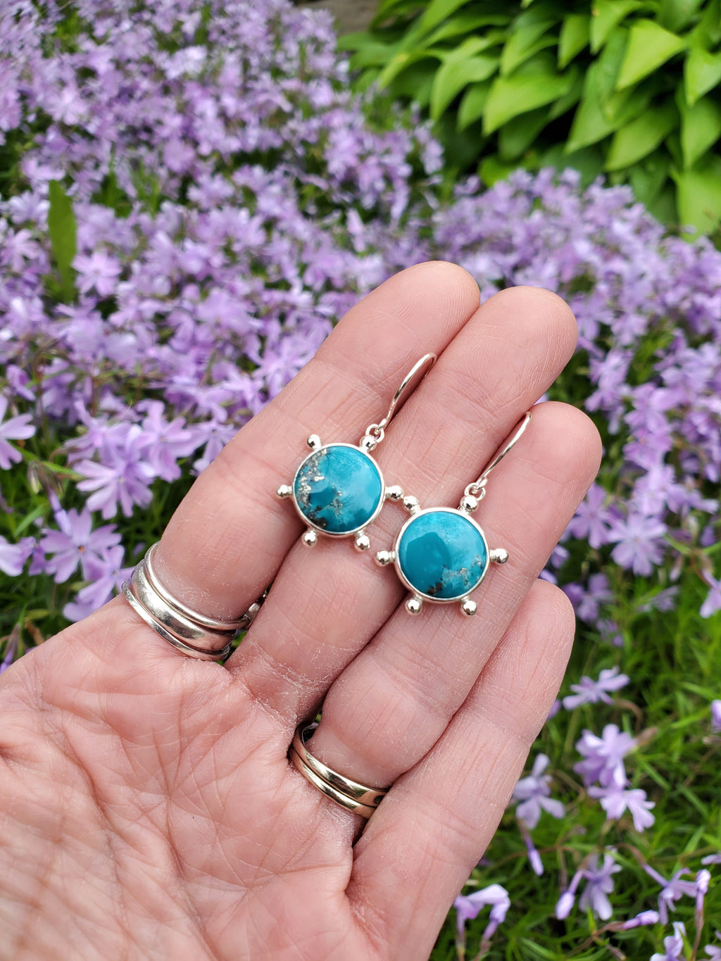 Persian Blue Turquoise Round Studded Dangle Drop Earrings in Solid Sterling Silver