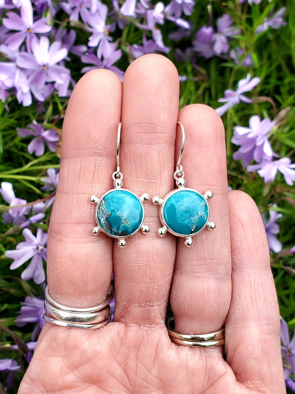 Persian Blue Turquoise Round Studded Dangle Drop Earrings in Solid Sterling Silver
