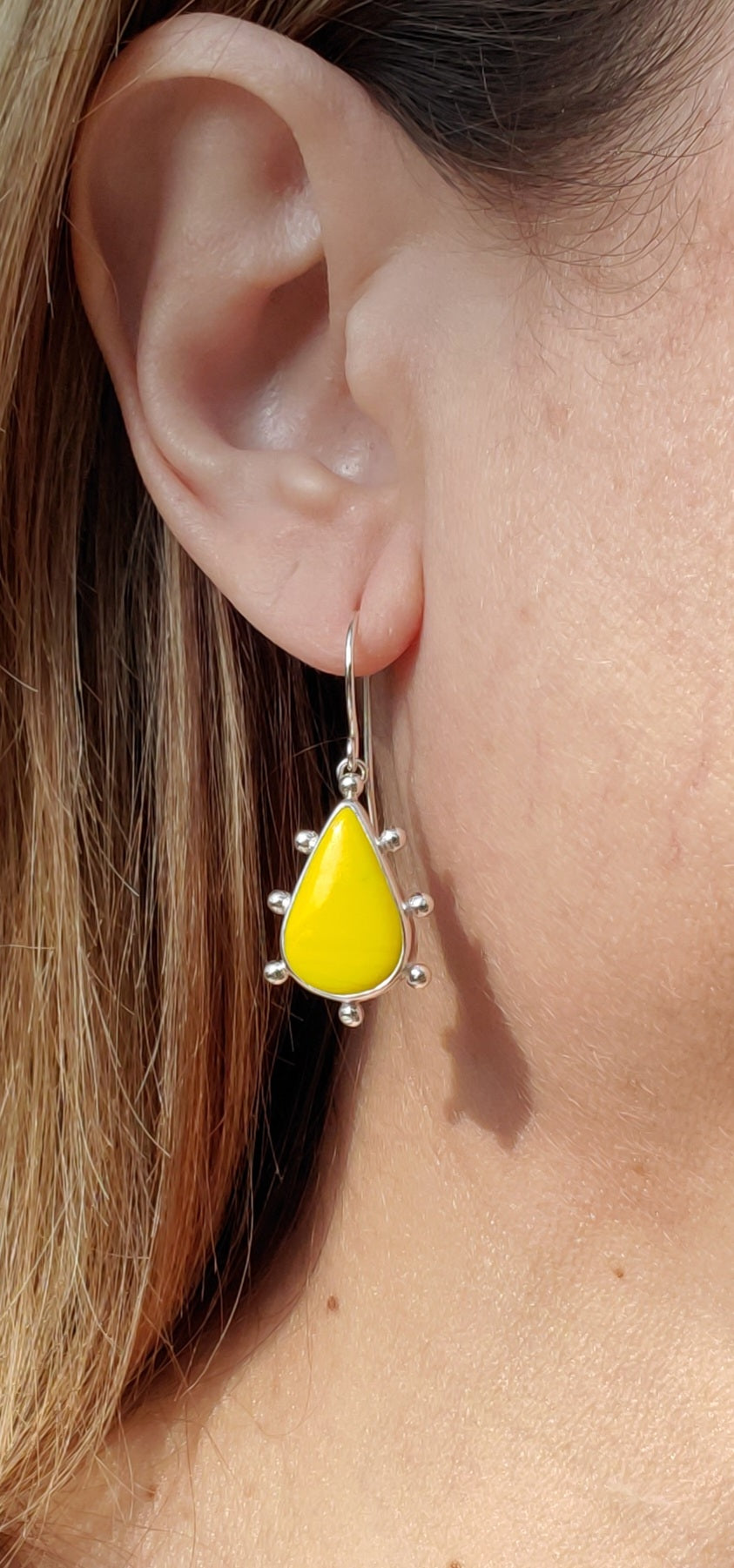SOLD - Yellow Rosarita Teardrop Studded Dangle Drop Earrings in Solid Sterling Silver