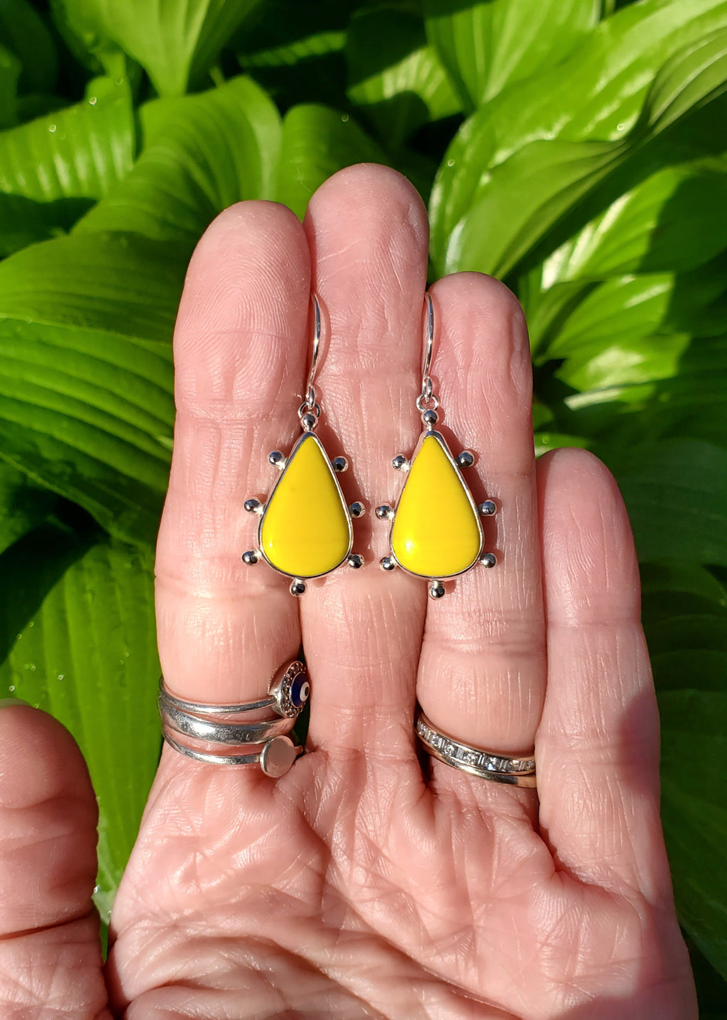 SOLD - Yellow Rosarita Teardrop Studded Dangle Drop Earrings in Solid Sterling Silver
