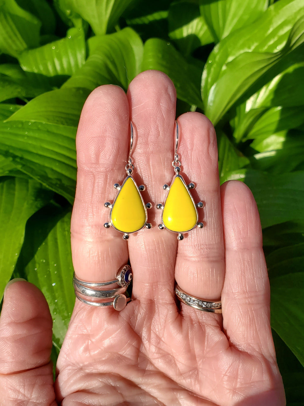 SOLD - Yellow Rosarita Teardrop Studded Dangle Drop Earrings in Solid Sterling Silver