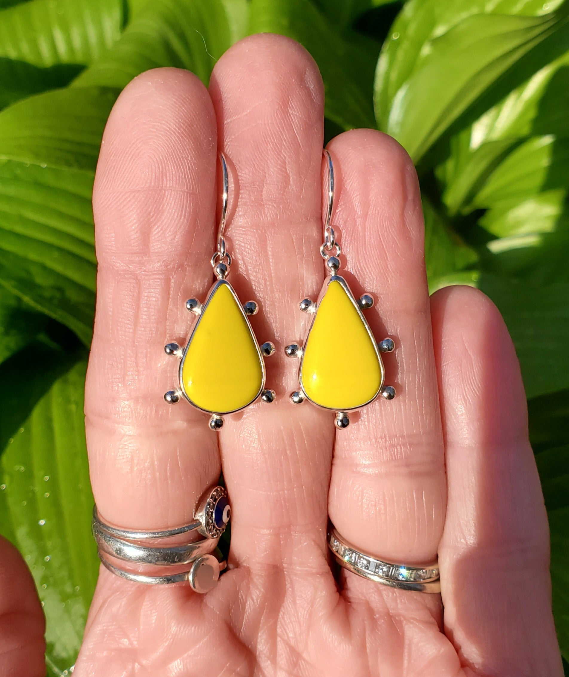 SOLD - Yellow Rosarita Teardrop Studded Dangle Drop Earrings in Solid Sterling Silver
