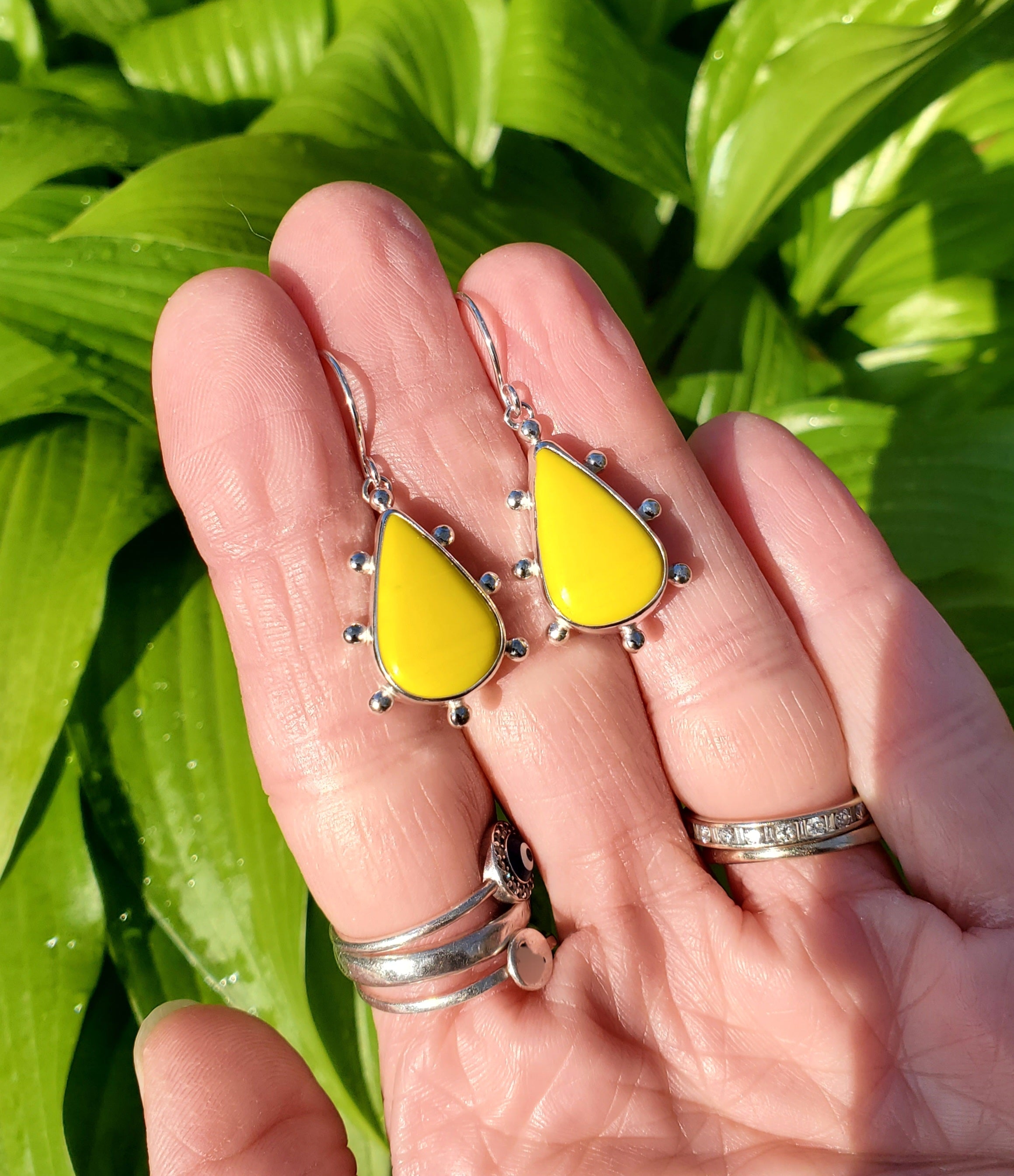 SOLD - Yellow Rosarita Teardrop Studded Dangle Drop Earrings in Solid Sterling Silver