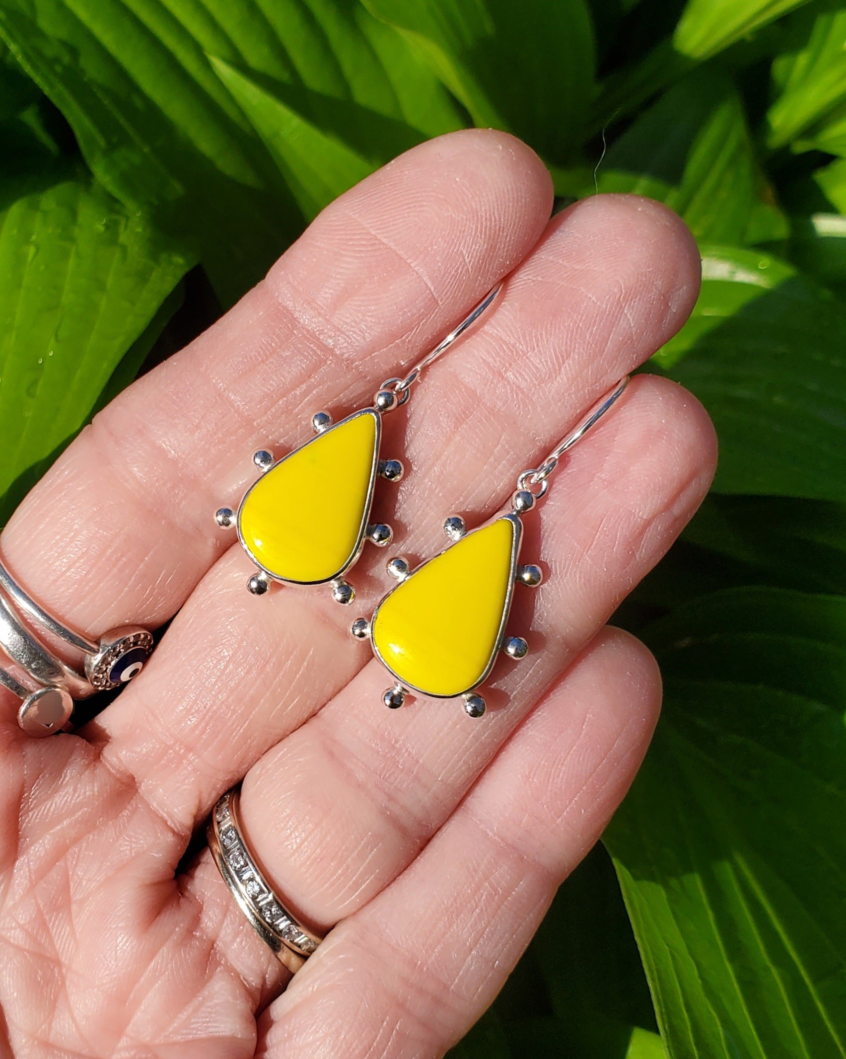 SOLD - Yellow Rosarita Teardrop Studded Dangle Drop Earrings in Solid Sterling Silver