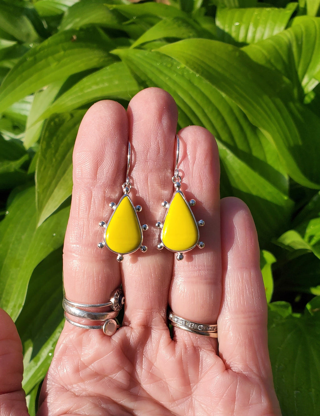 SOLD - Yellow Rosarita Teardrop Studded Dangle Drop Earrings in Solid Sterling Silver
