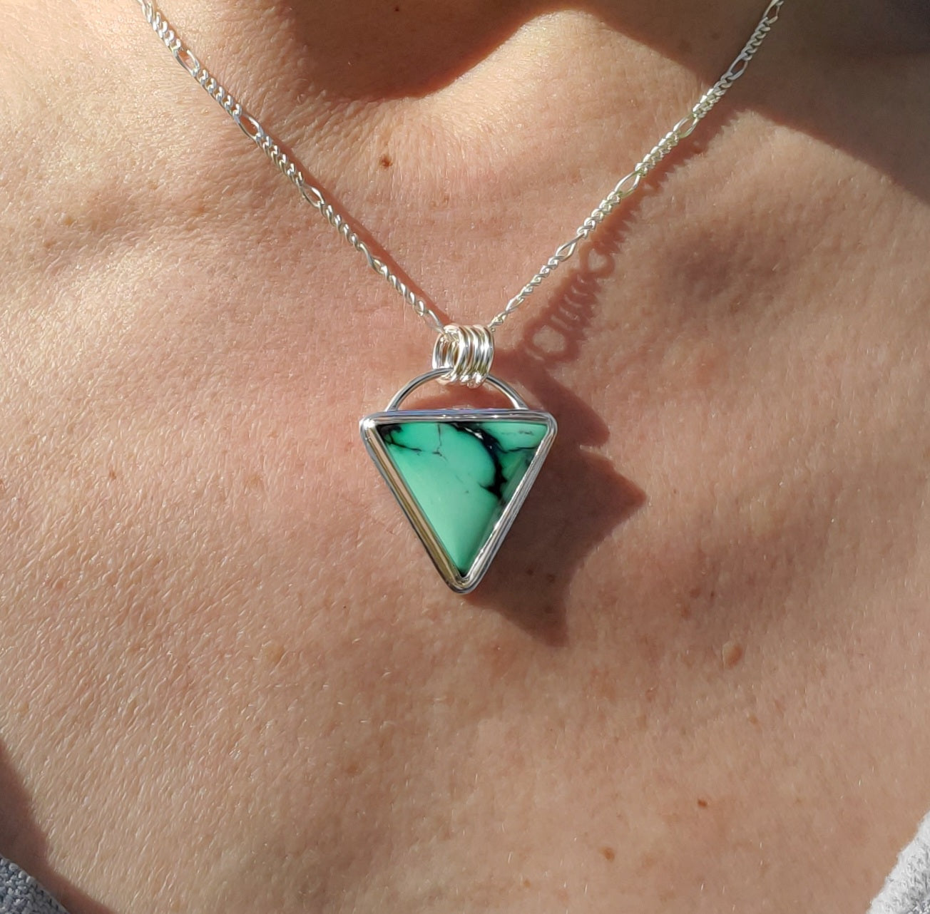 SOLD - Emerald Rose Variscite Inverted Triangle Pendant Necklace in Solid Sterling Silver