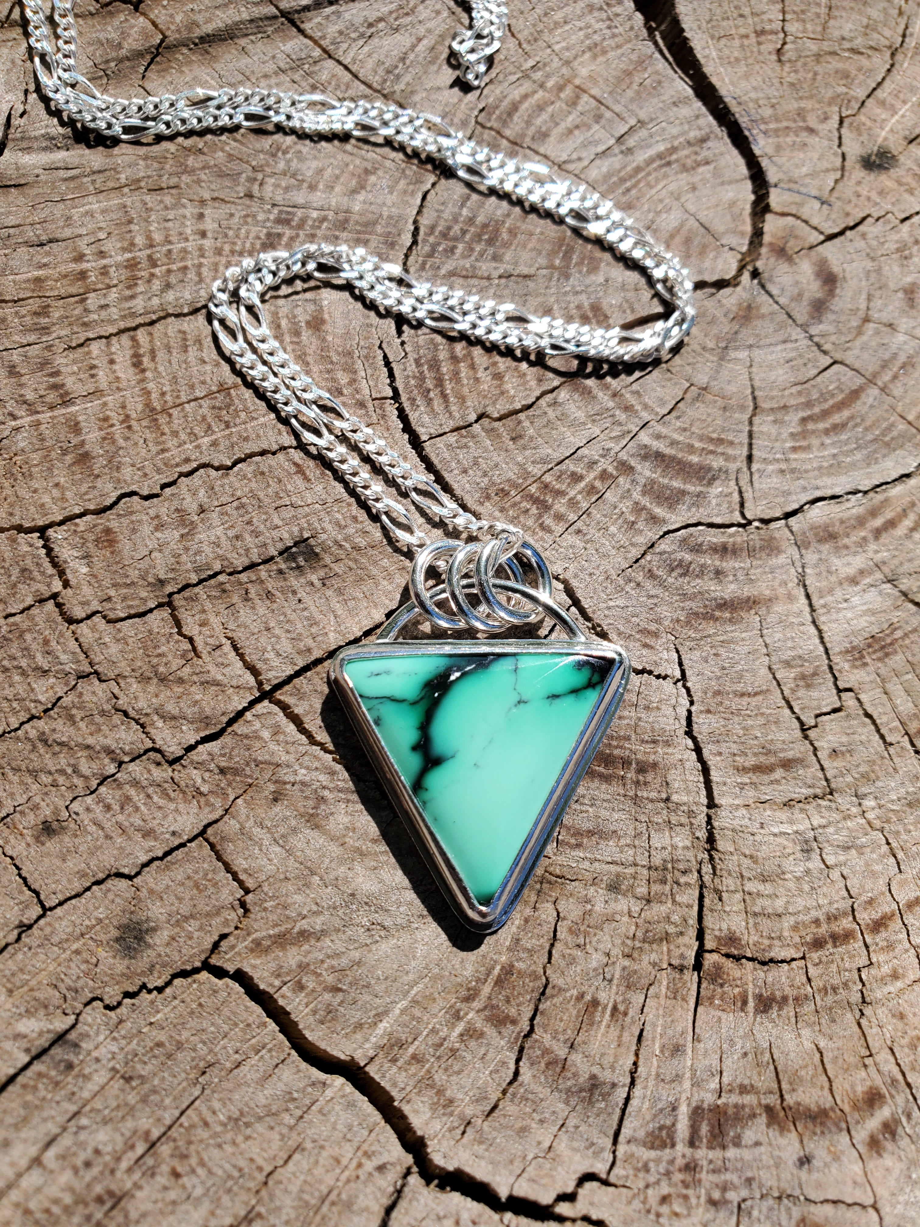 SOLD - Emerald Rose Variscite Inverted Triangle Pendant Necklace in Solid Sterling Silver