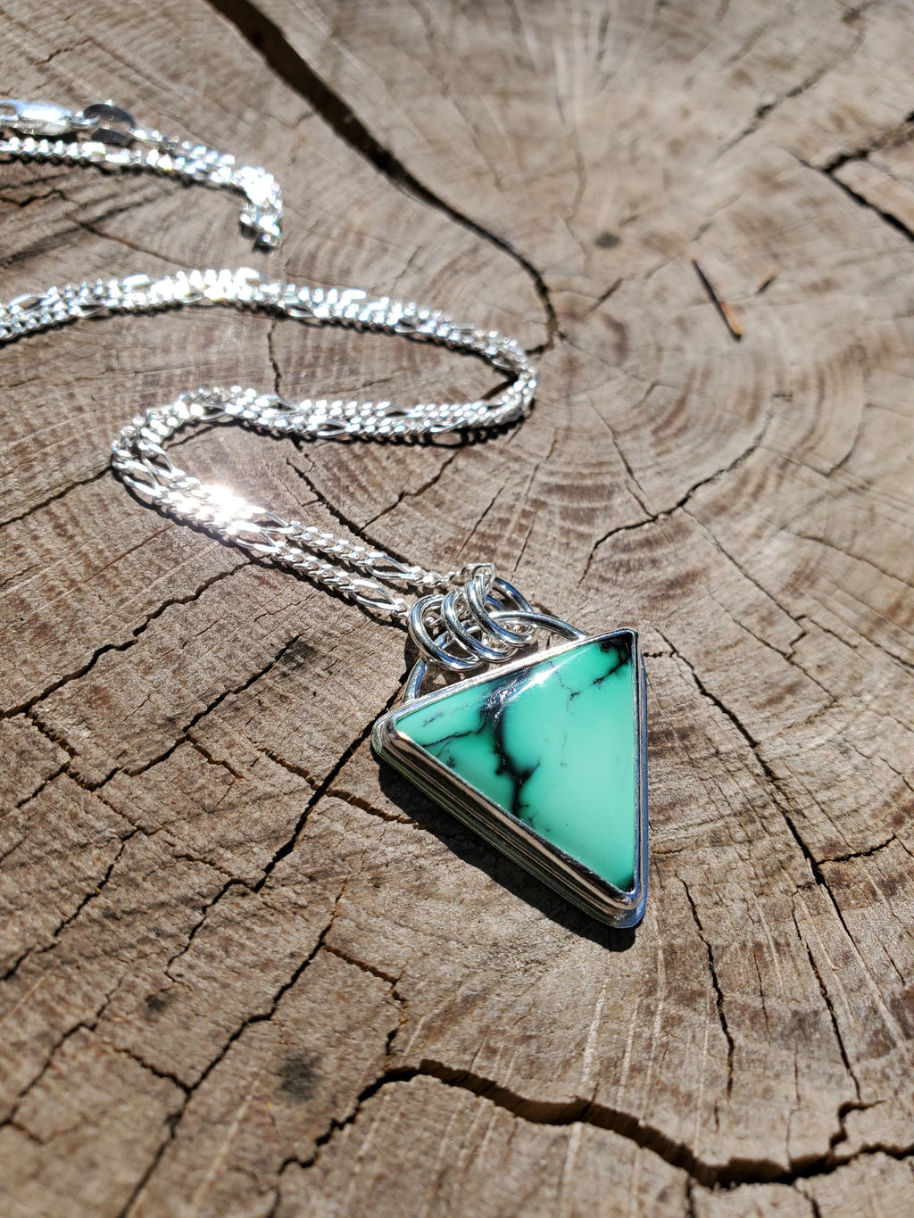 SOLD - Emerald Rose Variscite Inverted Triangle Pendant Necklace in Solid Sterling Silver