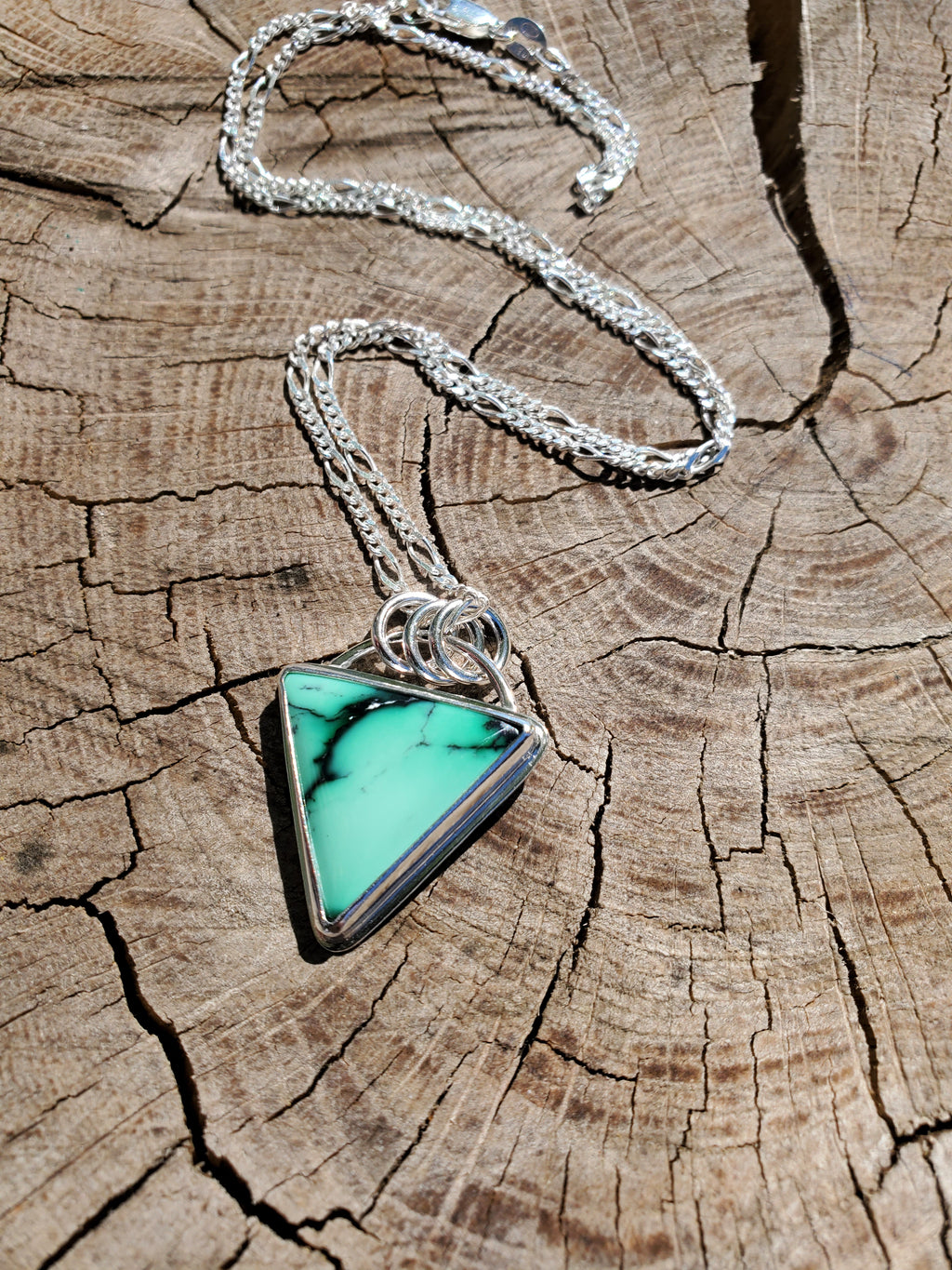 SOLD - Emerald Rose Variscite Inverted Triangle Pendant Necklace in Solid Sterling Silver