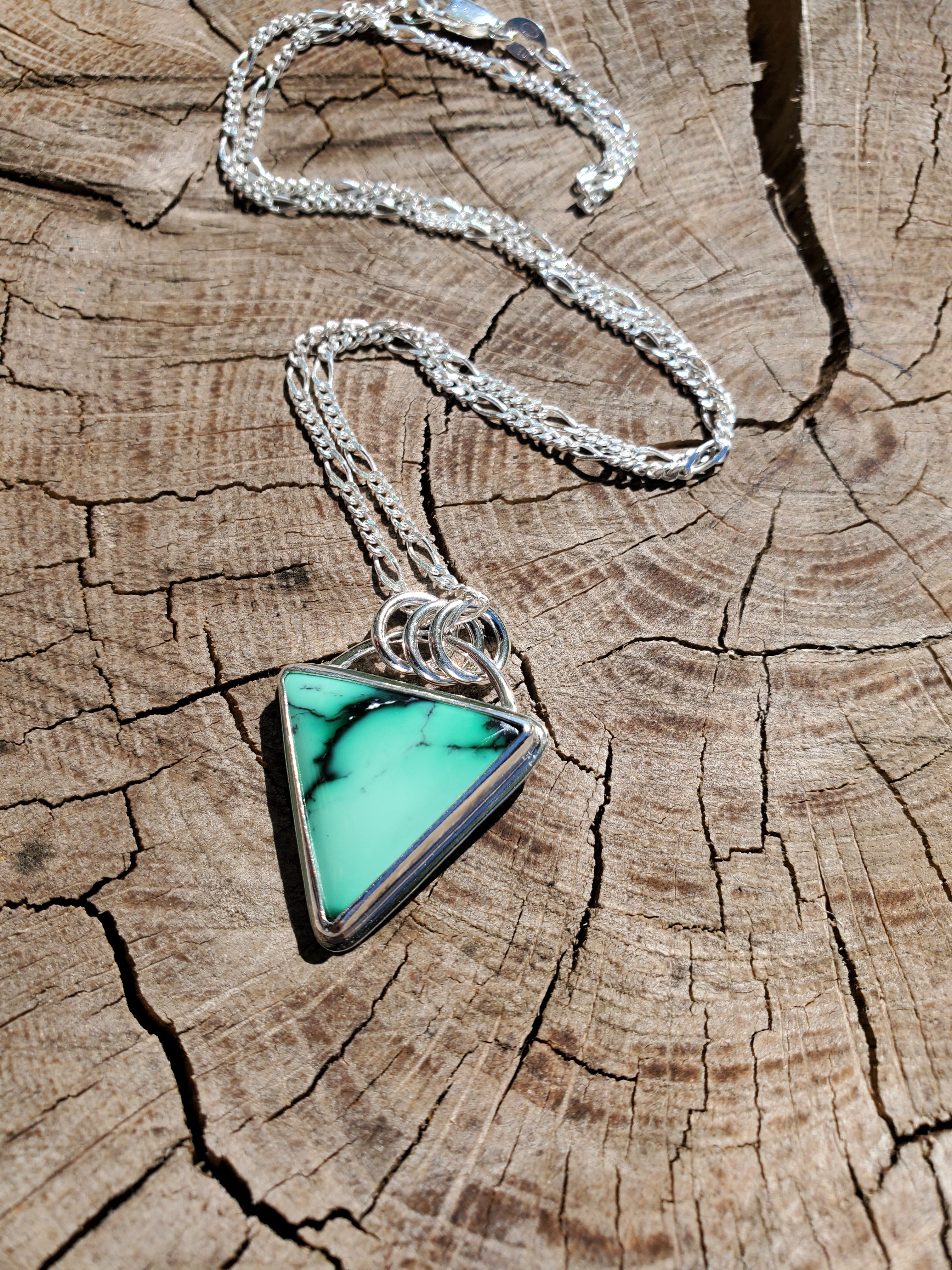 SOLD - Emerald Rose Variscite Inverted Triangle Pendant Necklace in Solid Sterling Silver