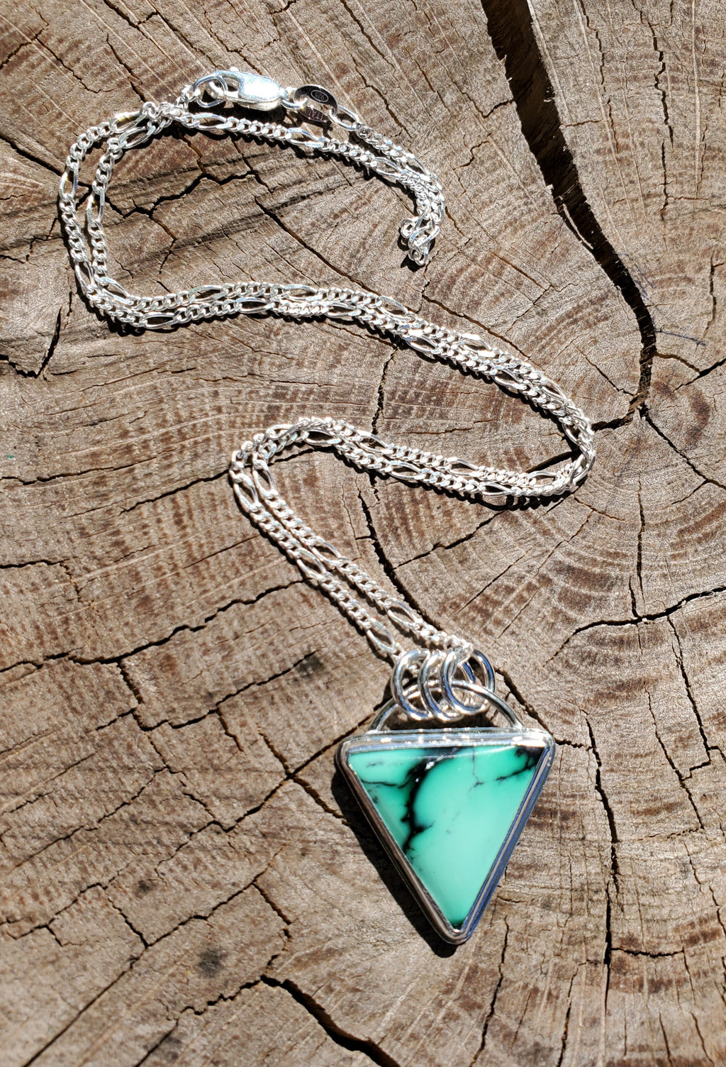SOLD - Emerald Rose Variscite Inverted Triangle Pendant Necklace in Solid Sterling Silver