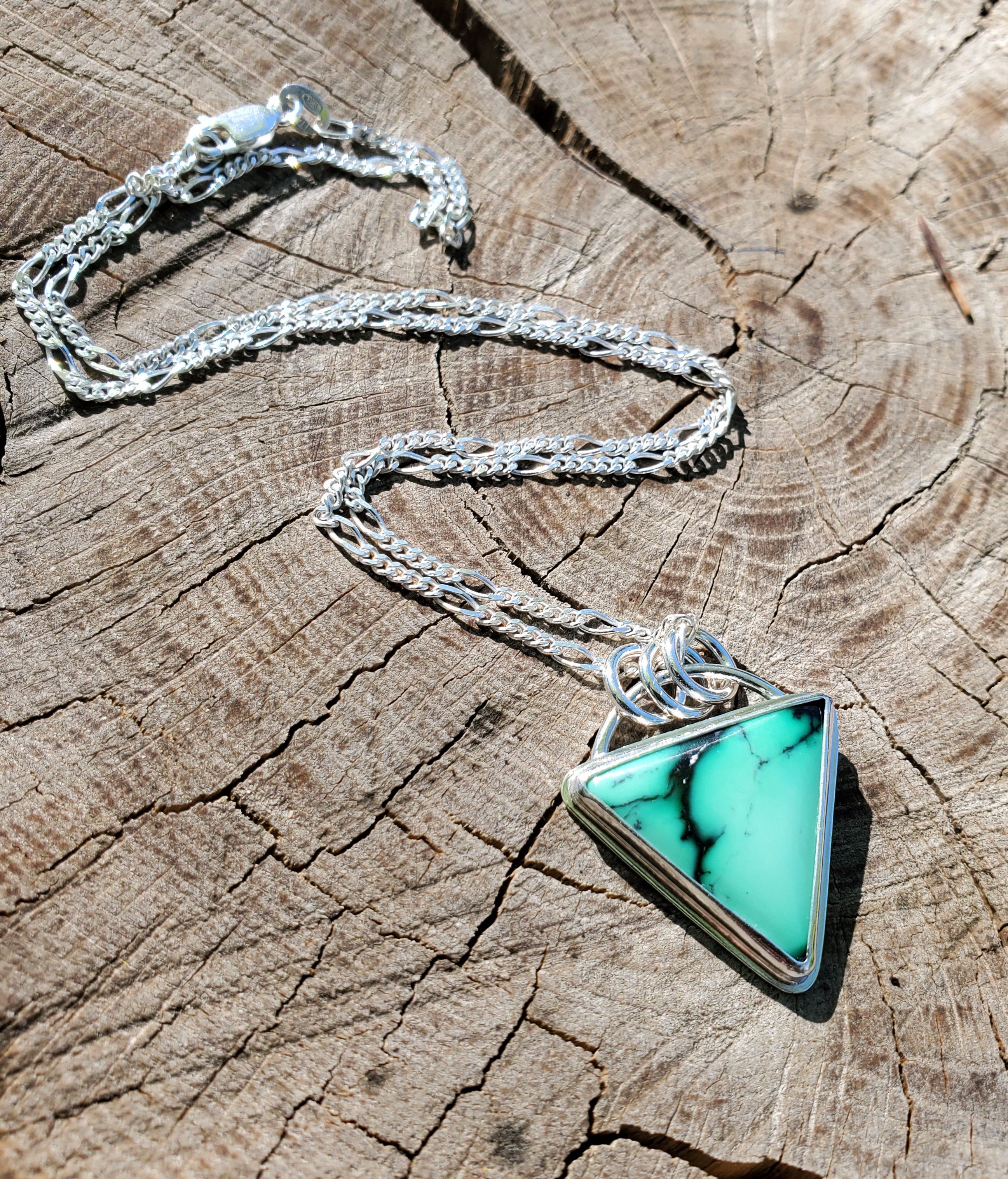 SOLD - Emerald Rose Variscite Inverted Triangle Pendant Necklace in Solid Sterling Silver
