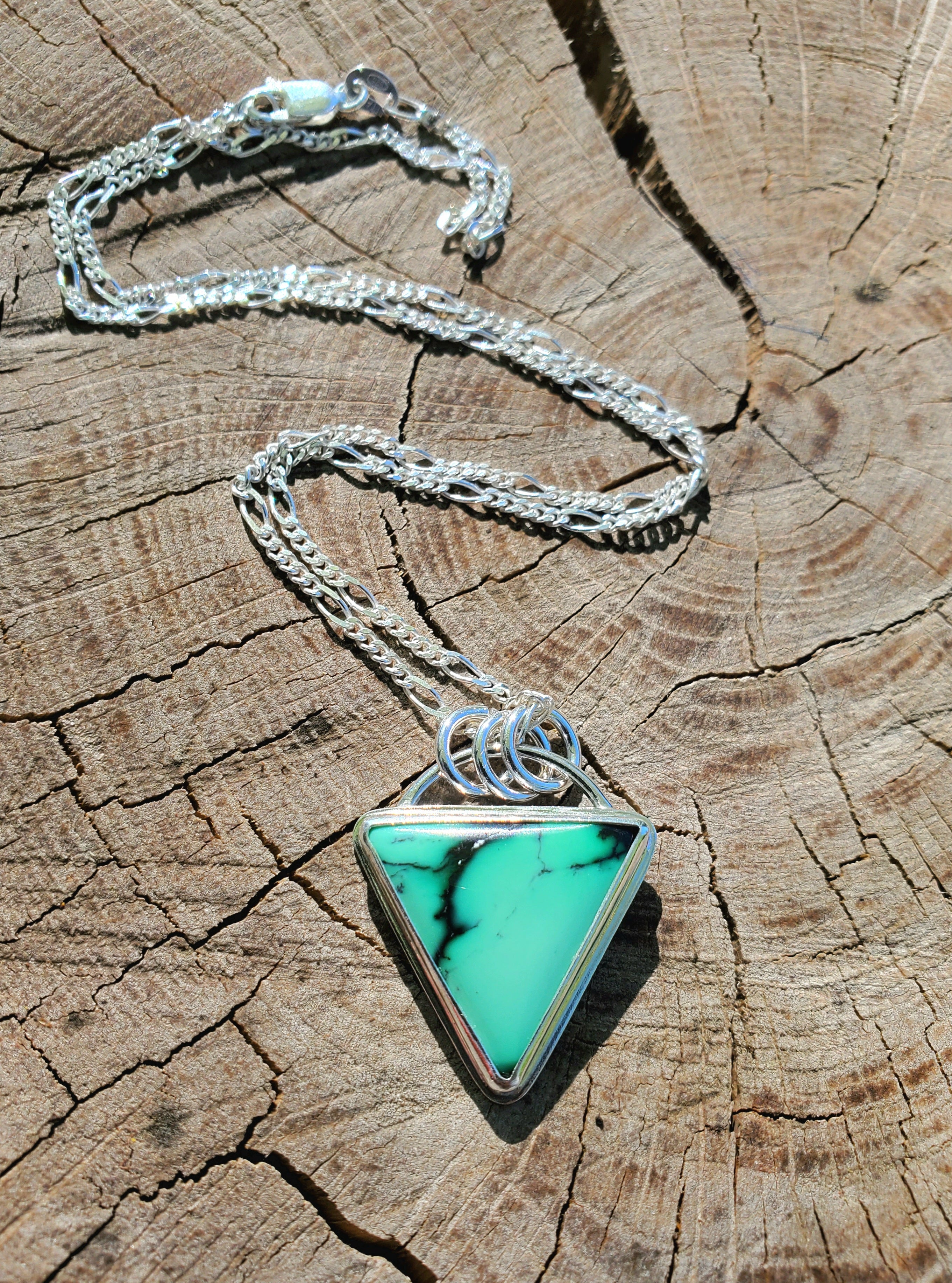 SOLD - Emerald Rose Variscite Inverted Triangle Pendant Necklace in Solid Sterling Silver
