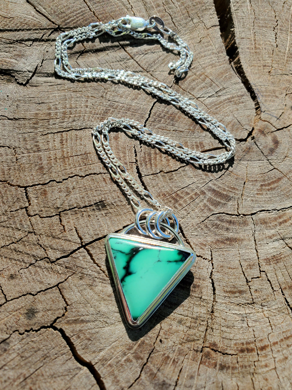 SOLD - Emerald Rose Variscite Inverted Triangle Pendant Necklace in Solid Sterling Silver