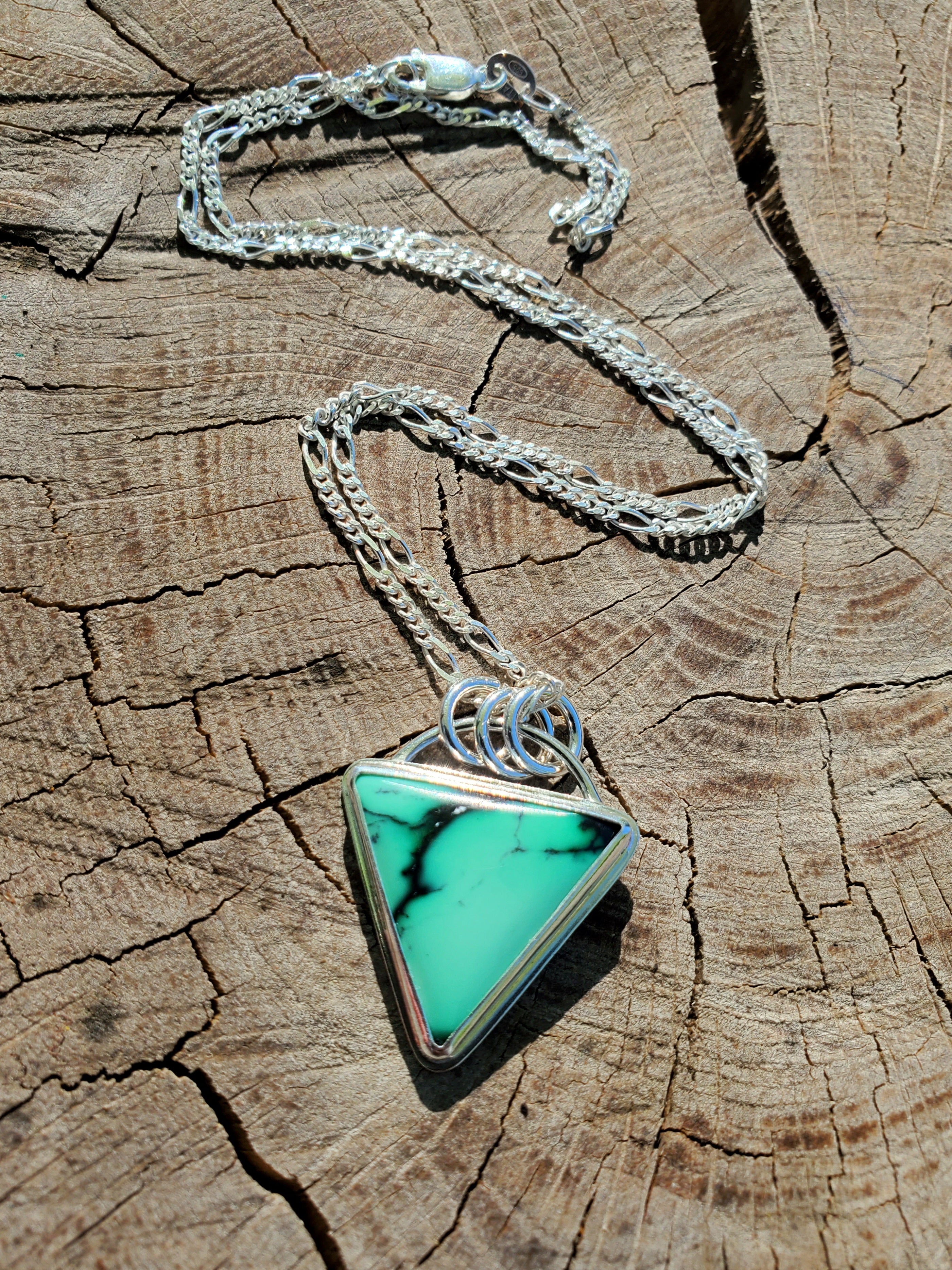 SOLD - Emerald Rose Variscite Inverted Triangle Pendant Necklace in Solid Sterling Silver
