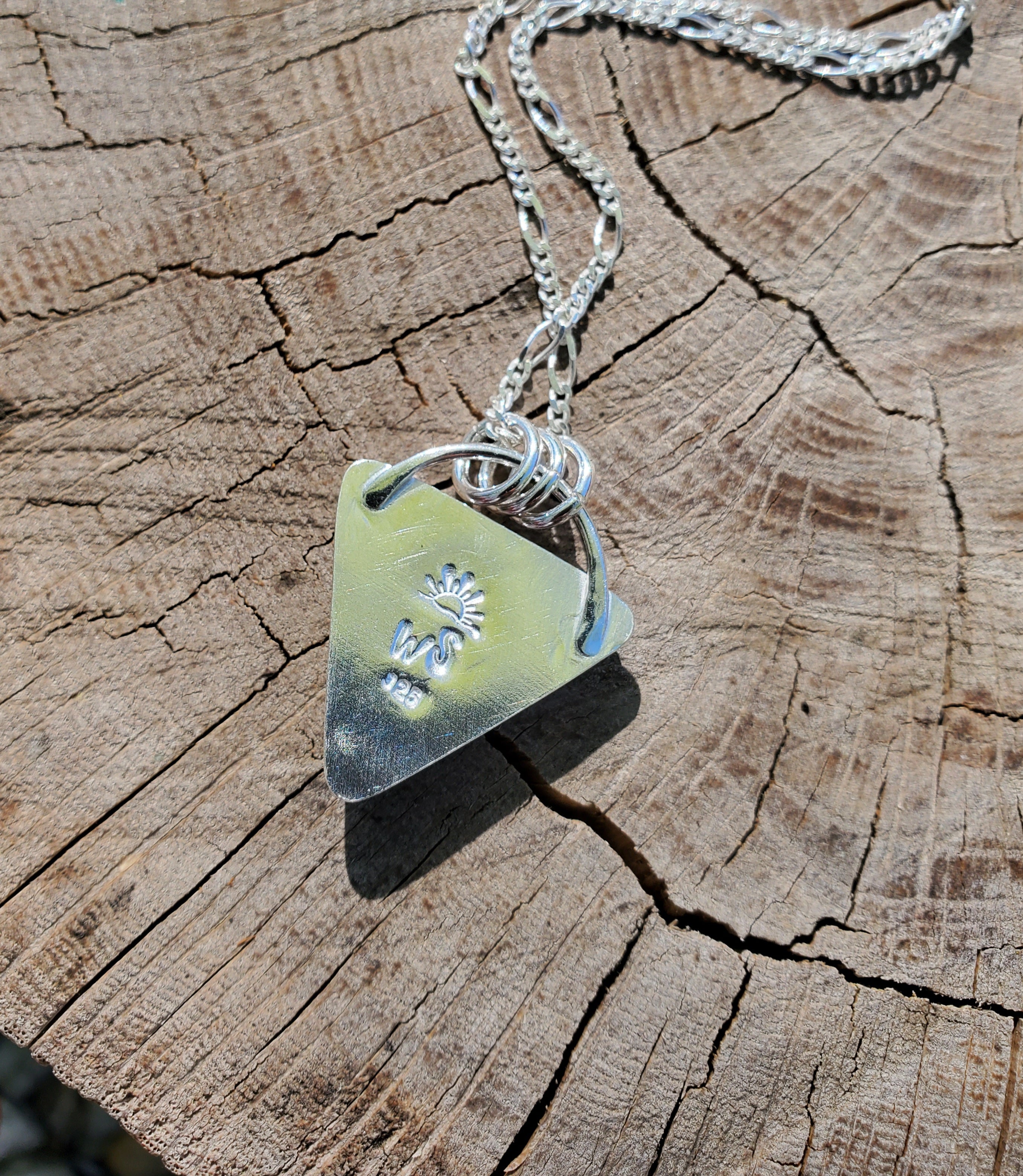 SOLD - Emerald Rose Variscite Inverted Triangle Pendant Necklace in Solid Sterling Silver