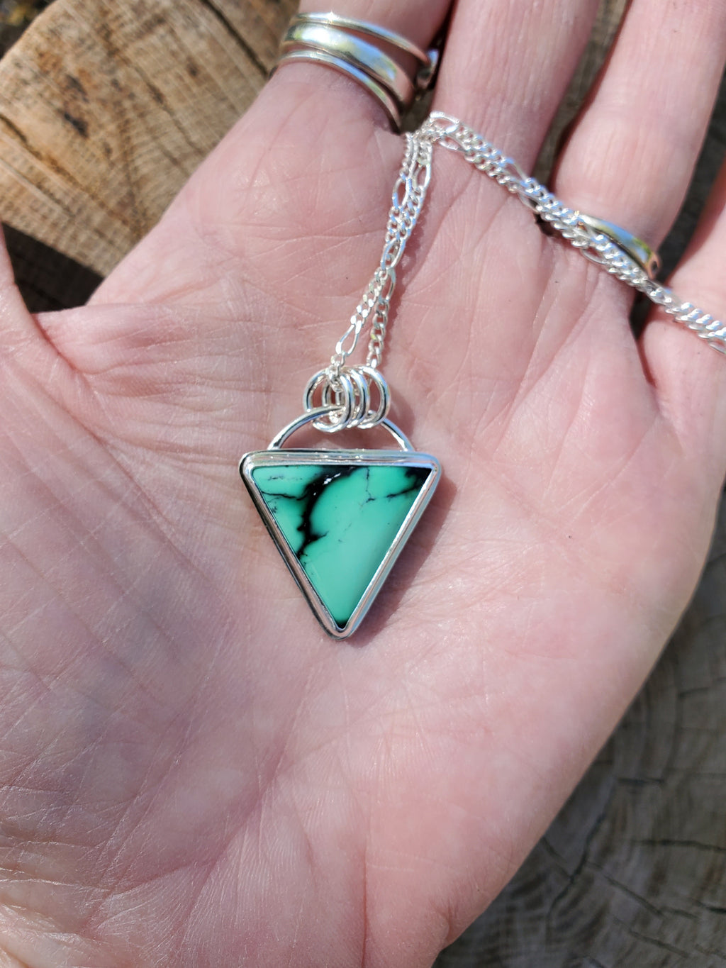 SOLD - Emerald Rose Variscite Inverted Triangle Pendant Necklace in Solid Sterling Silver