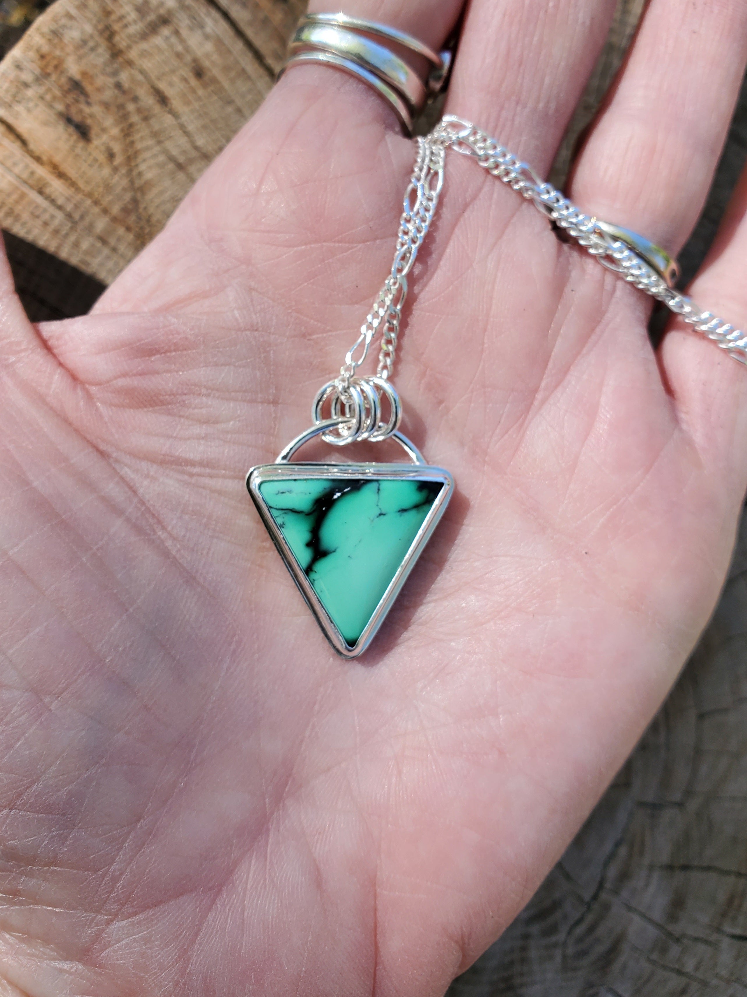 SOLD - Emerald Rose Variscite Inverted Triangle Pendant Necklace in Solid Sterling Silver