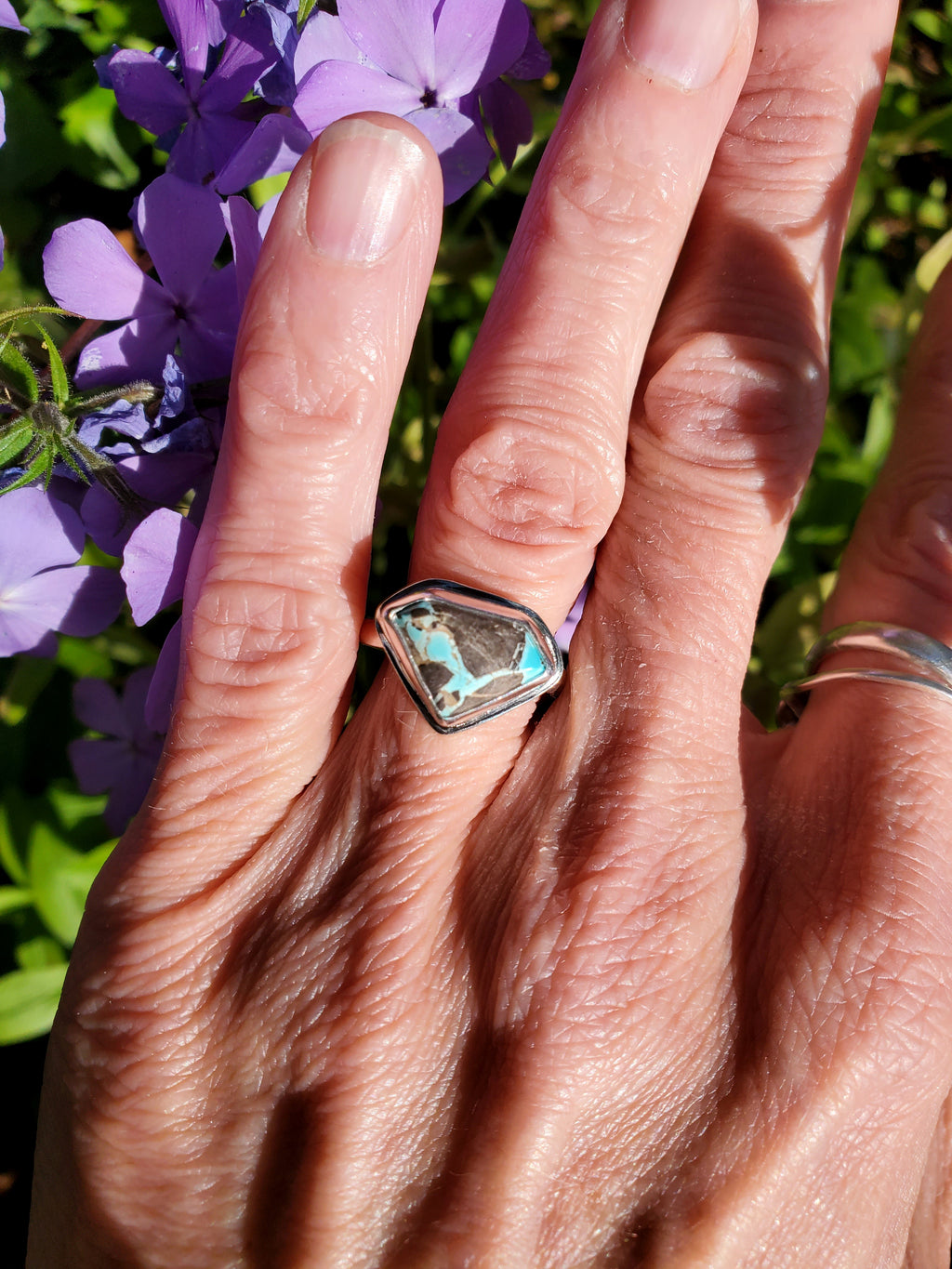 Thunderbird Turquoise Dainty Statement Ring in Solid Sterling Silver. Size 6