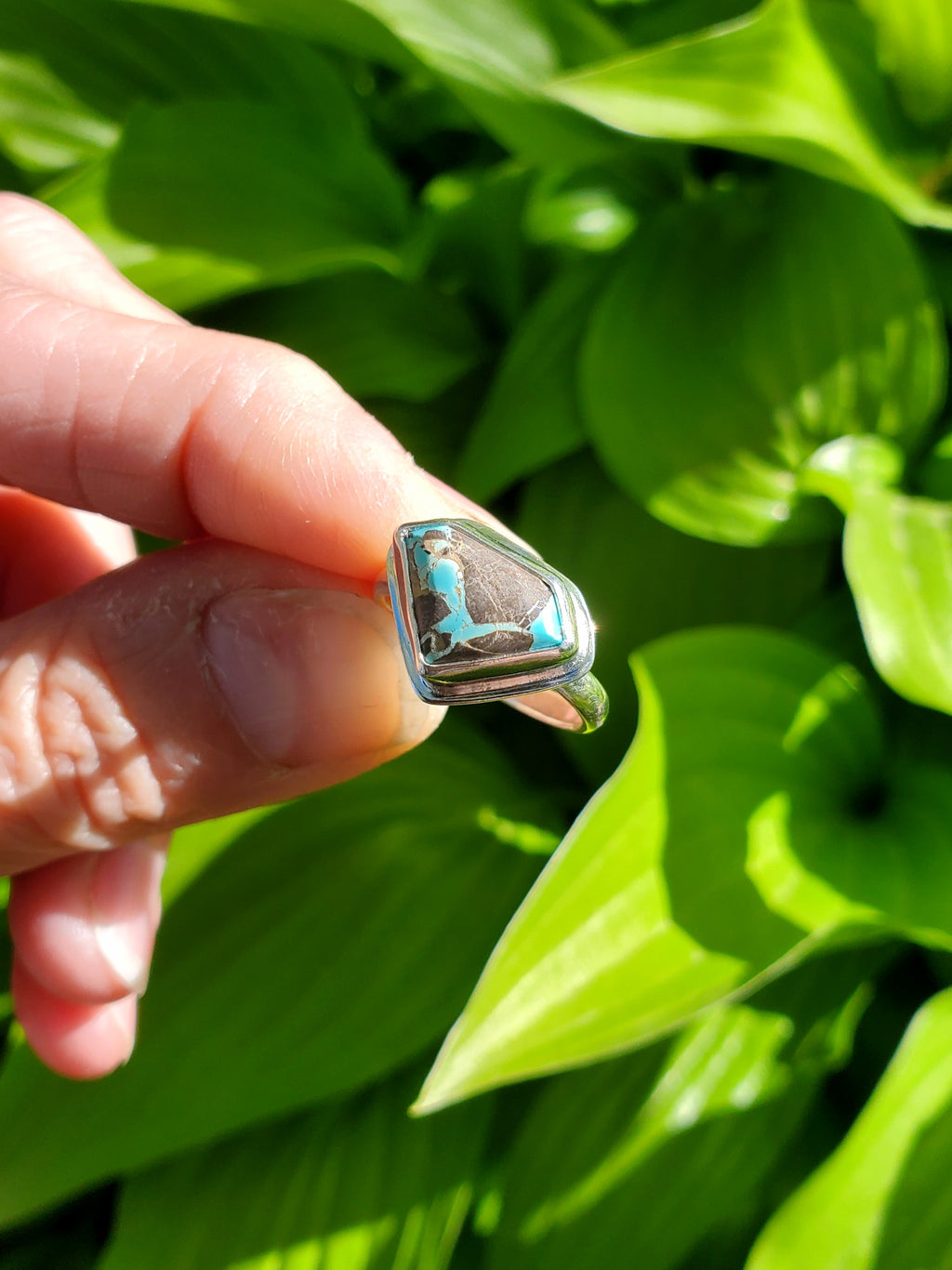 Thunderbird Turquoise Dainty Statement Ring in Solid Sterling Silver. Size 6