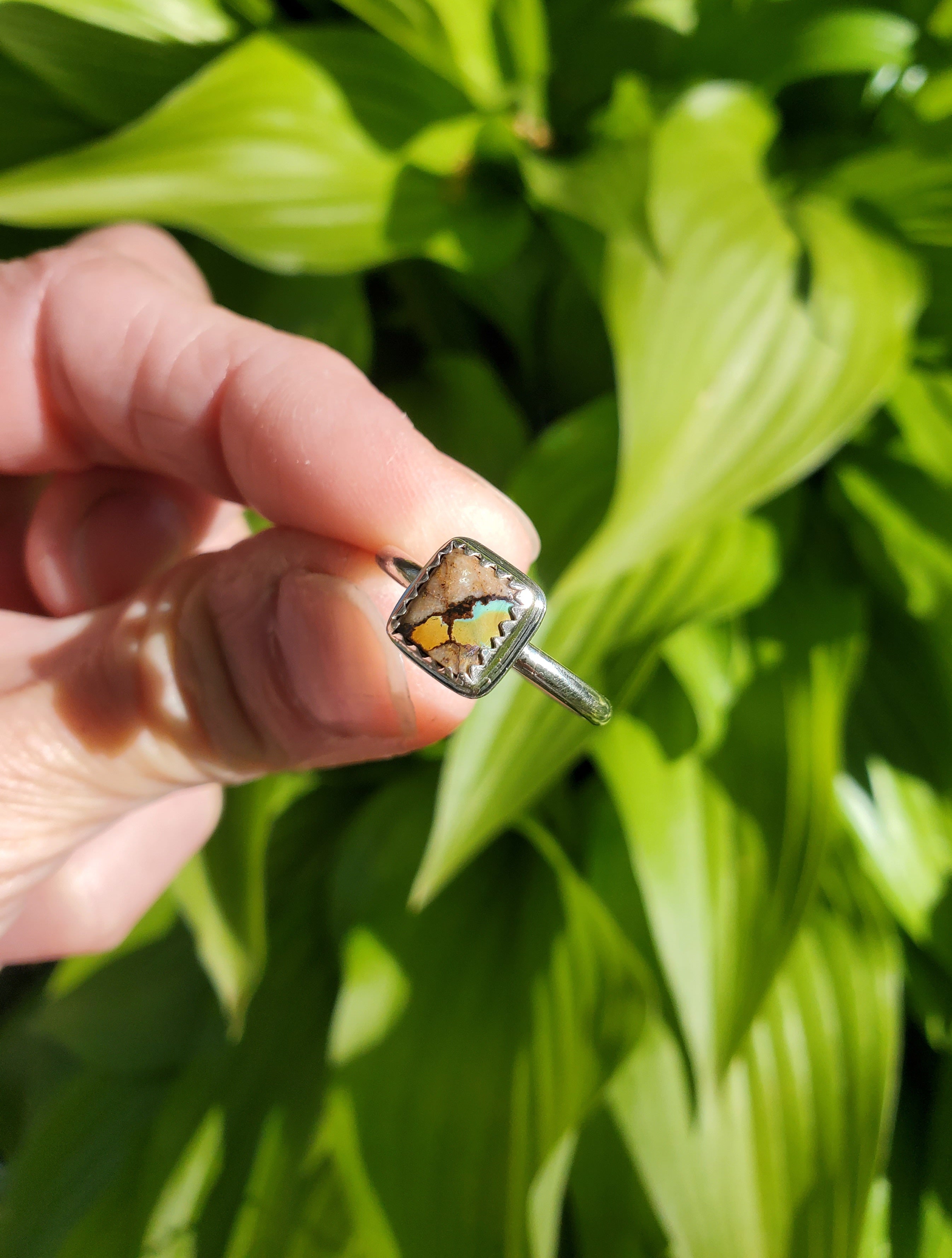 Royston Ribbon Turquoise Super Colorful Square Ring in Solid Sterling Silver. Size 6.25
