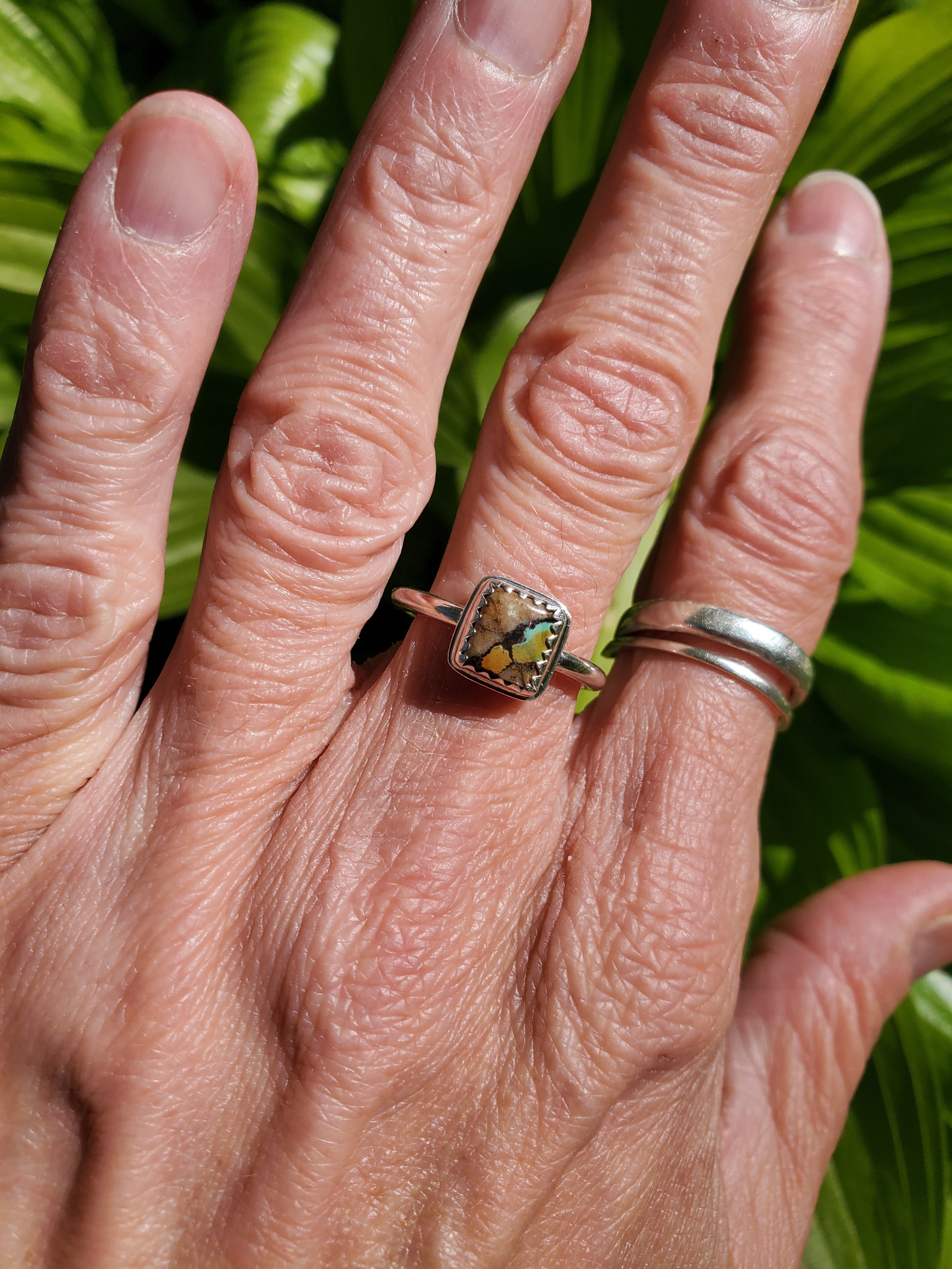 Royston Ribbon Turquoise Super Colorful Square Ring in Solid Sterling Silver. Size 6.25
