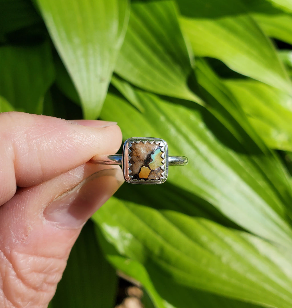 Royston Ribbon Turquoise Super Colorful Square Ring in Solid Sterling Silver. Size 6.25