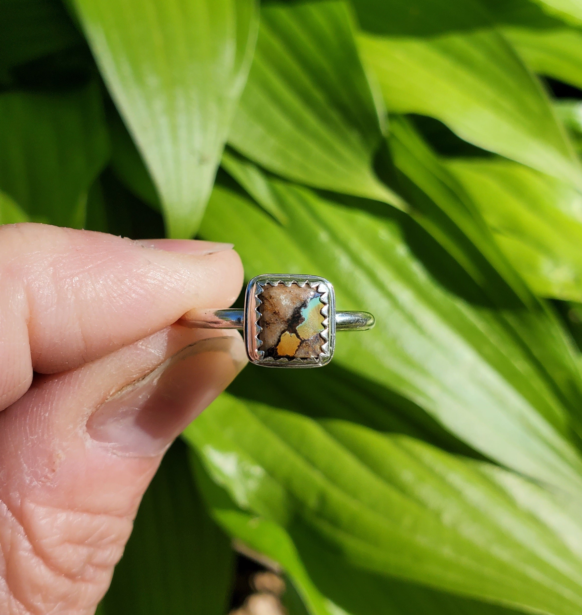 Royston Ribbon Turquoise Super Colorful Square Ring in Solid Sterling Silver. Size 6.25