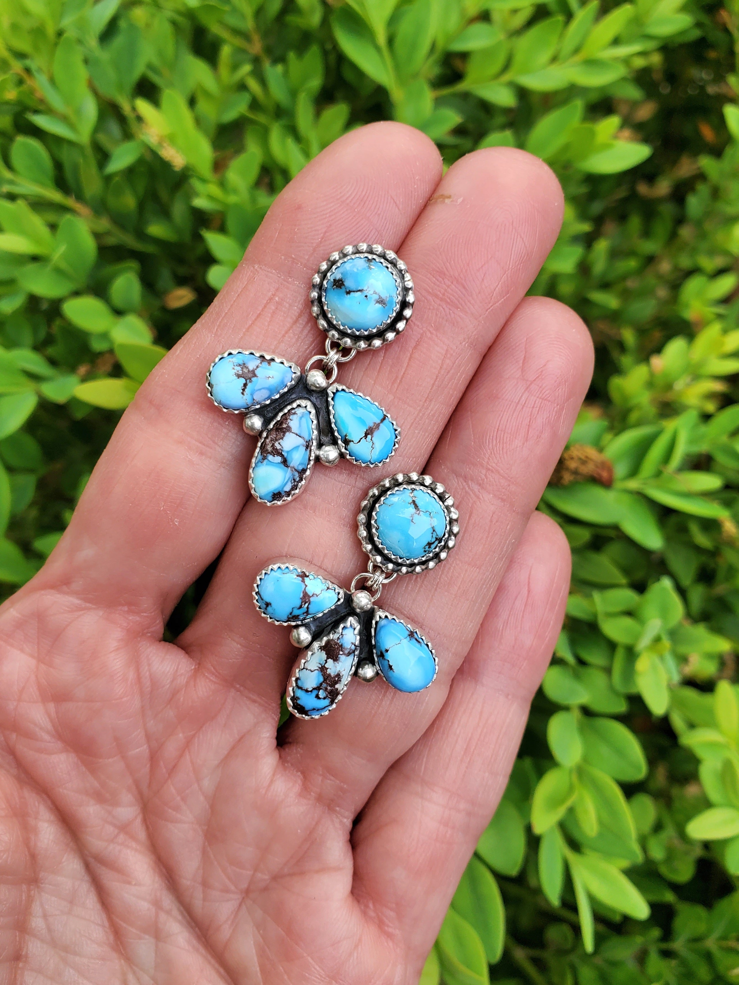 Golden Hills Turquoise Cluster Dangle Drop Earrings in Solid Sterling Silver