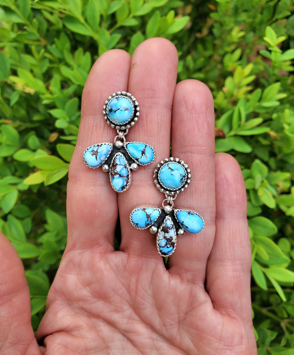 Golden Hills Turquoise Cluster Dangle Drop Earrings in Solid Sterling Silver