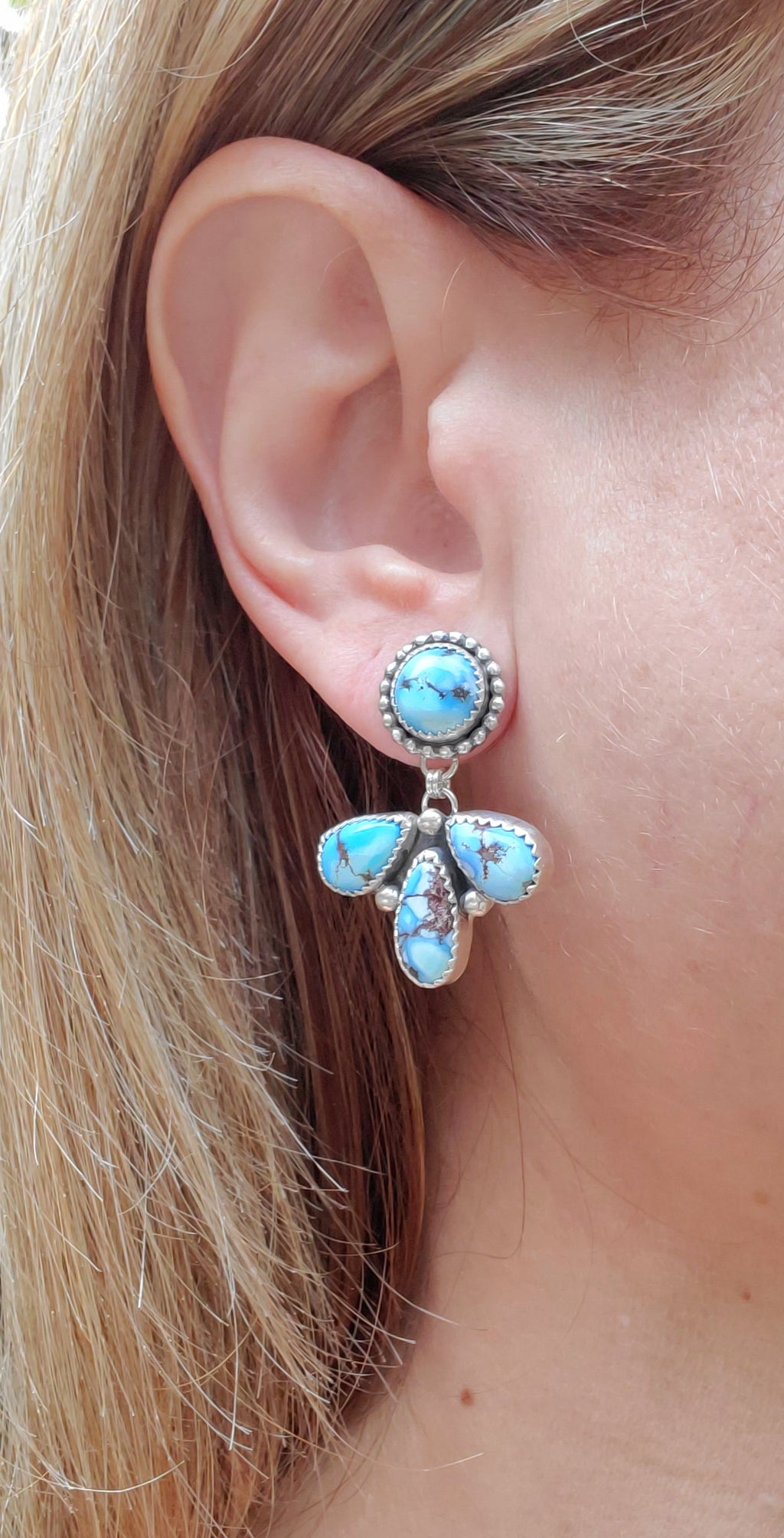 Golden Hills Turquoise Cluster Dangle Drop Earrings in Solid Sterling Silver