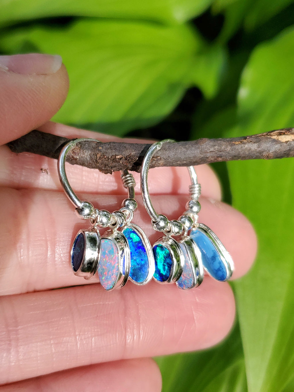 SOLD - Triple Australian Opal Hoop Earrings in Solid Sterling Silver