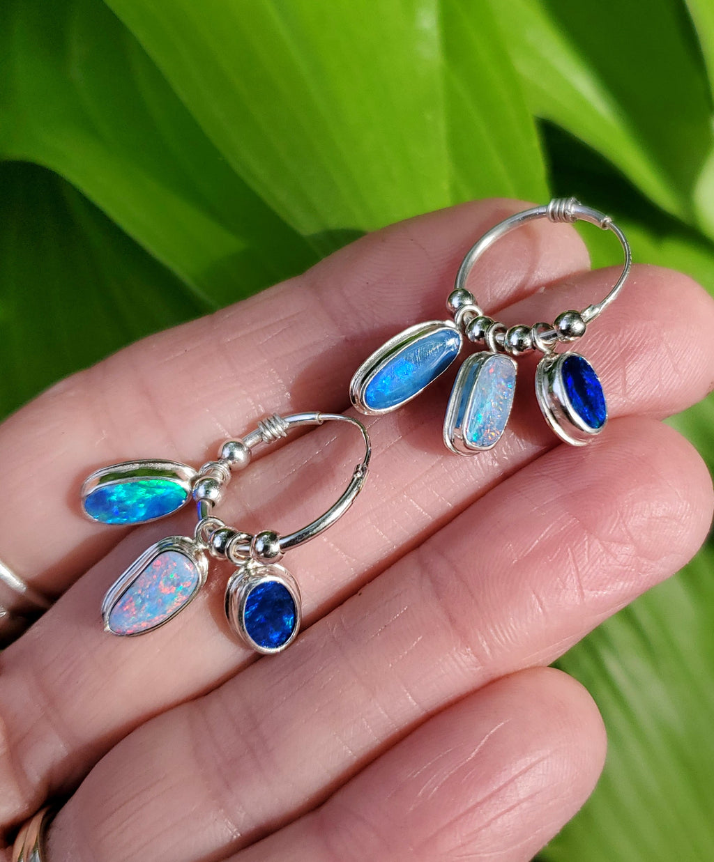 SOLD - Triple Australian Opal Hoop Earrings in Solid Sterling Silver