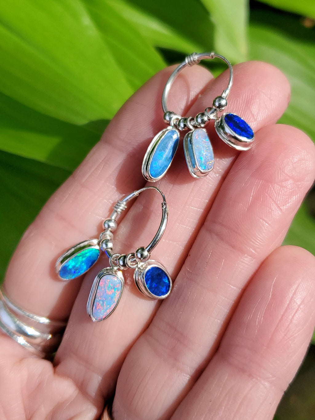 SOLD - Triple Australian Opal Hoop Earrings in Solid Sterling Silver