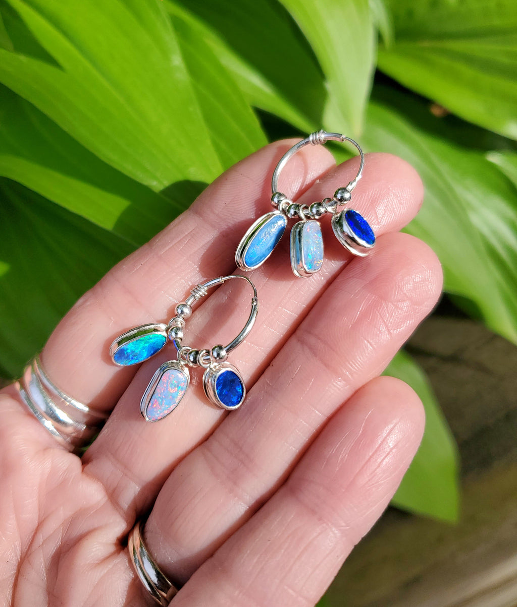 SOLD - Triple Australian Opal Hoop Earrings in Solid Sterling Silver