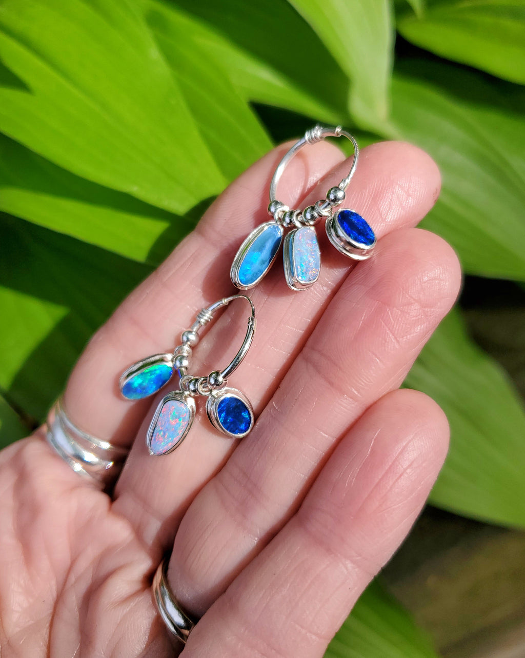 SOLD - Triple Australian Opal Hoop Earrings in Solid Sterling Silver