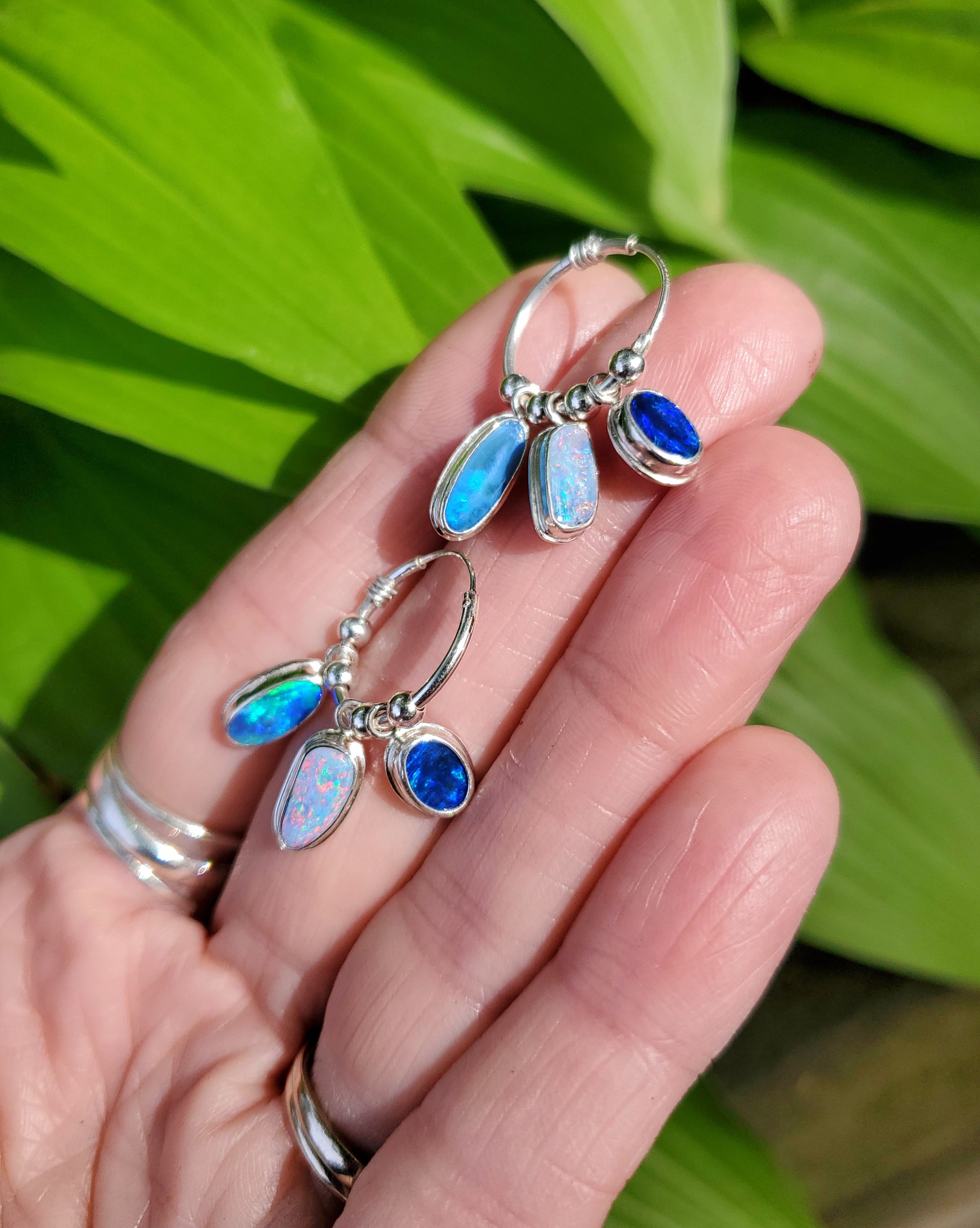 SOLD - Triple Australian Opal Hoop Earrings in Solid Sterling Silver