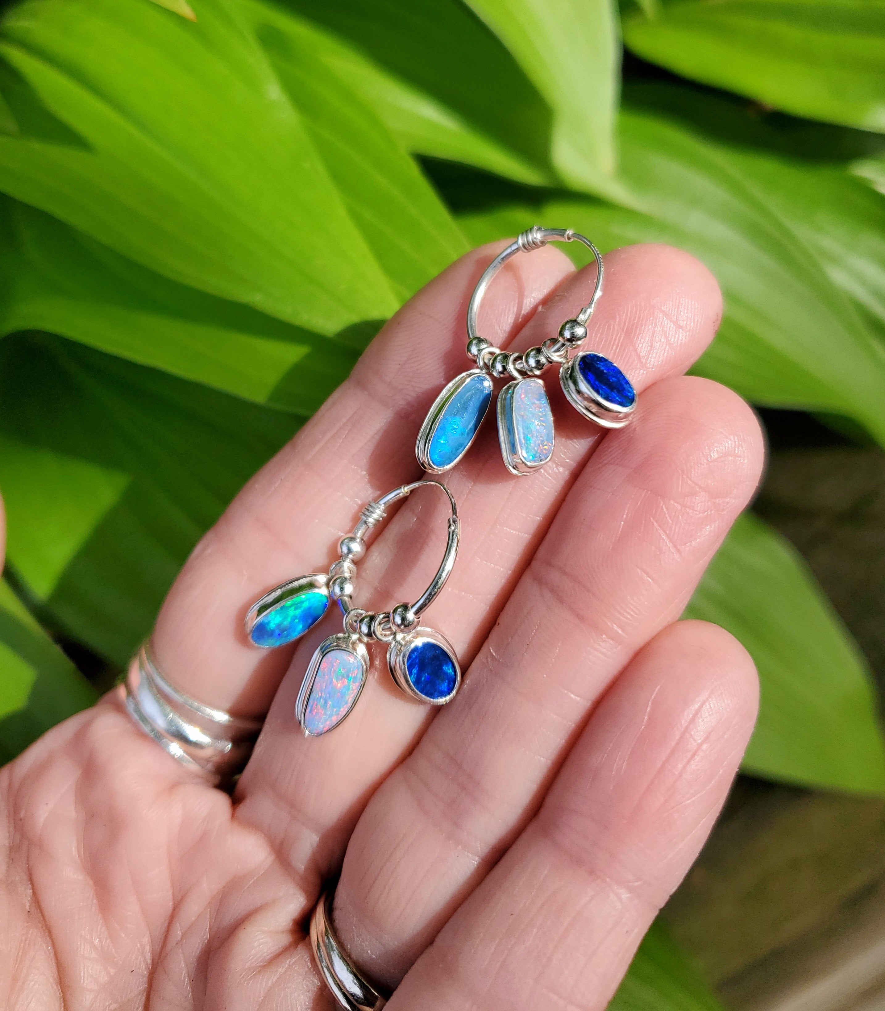 SOLD - Triple Australian Opal Hoop Earrings in Solid Sterling Silver