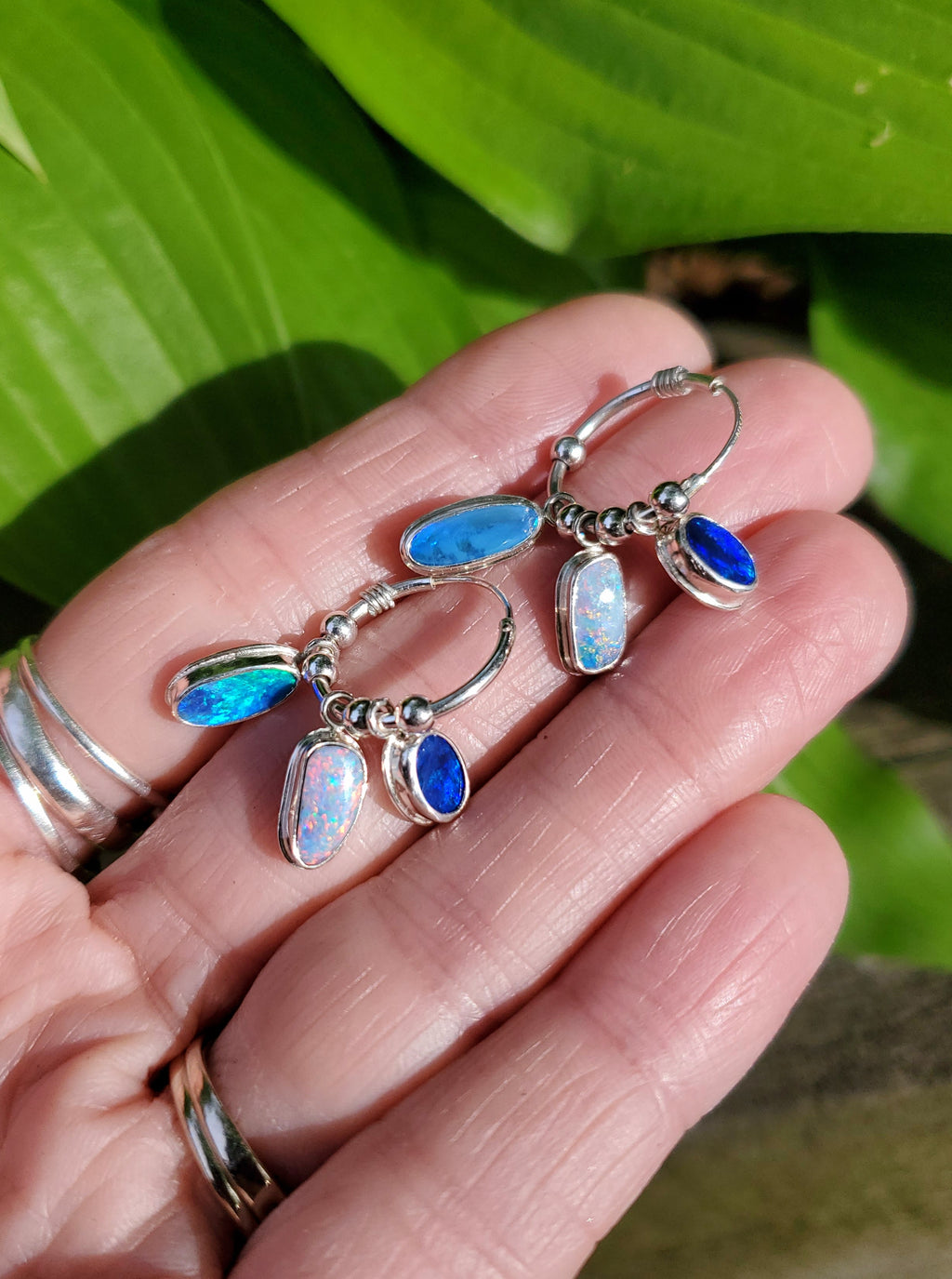 SOLD - Triple Australian Opal Hoop Earrings in Solid Sterling Silver