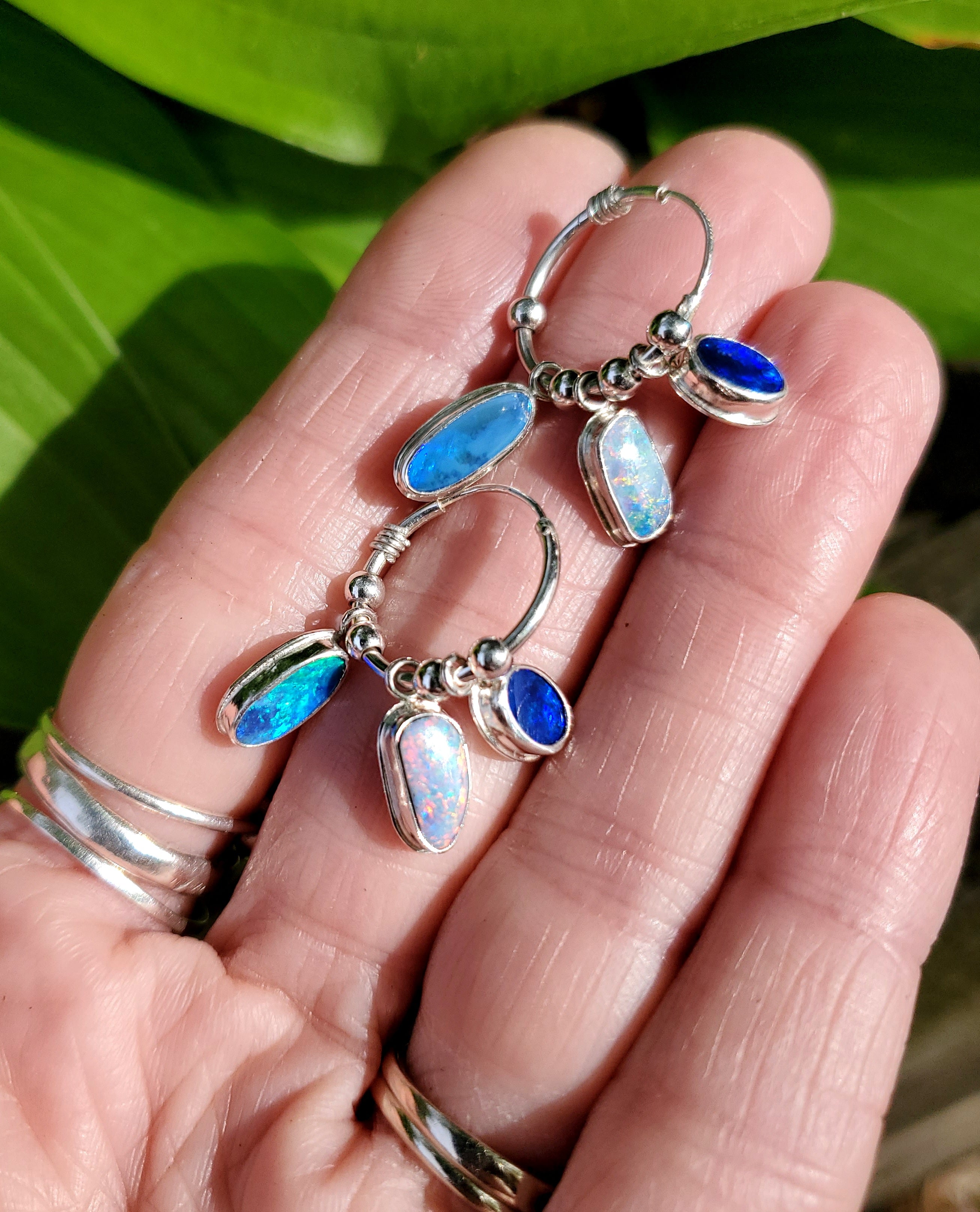 SOLD - Triple Australian Opal Hoop Earrings in Solid Sterling Silver