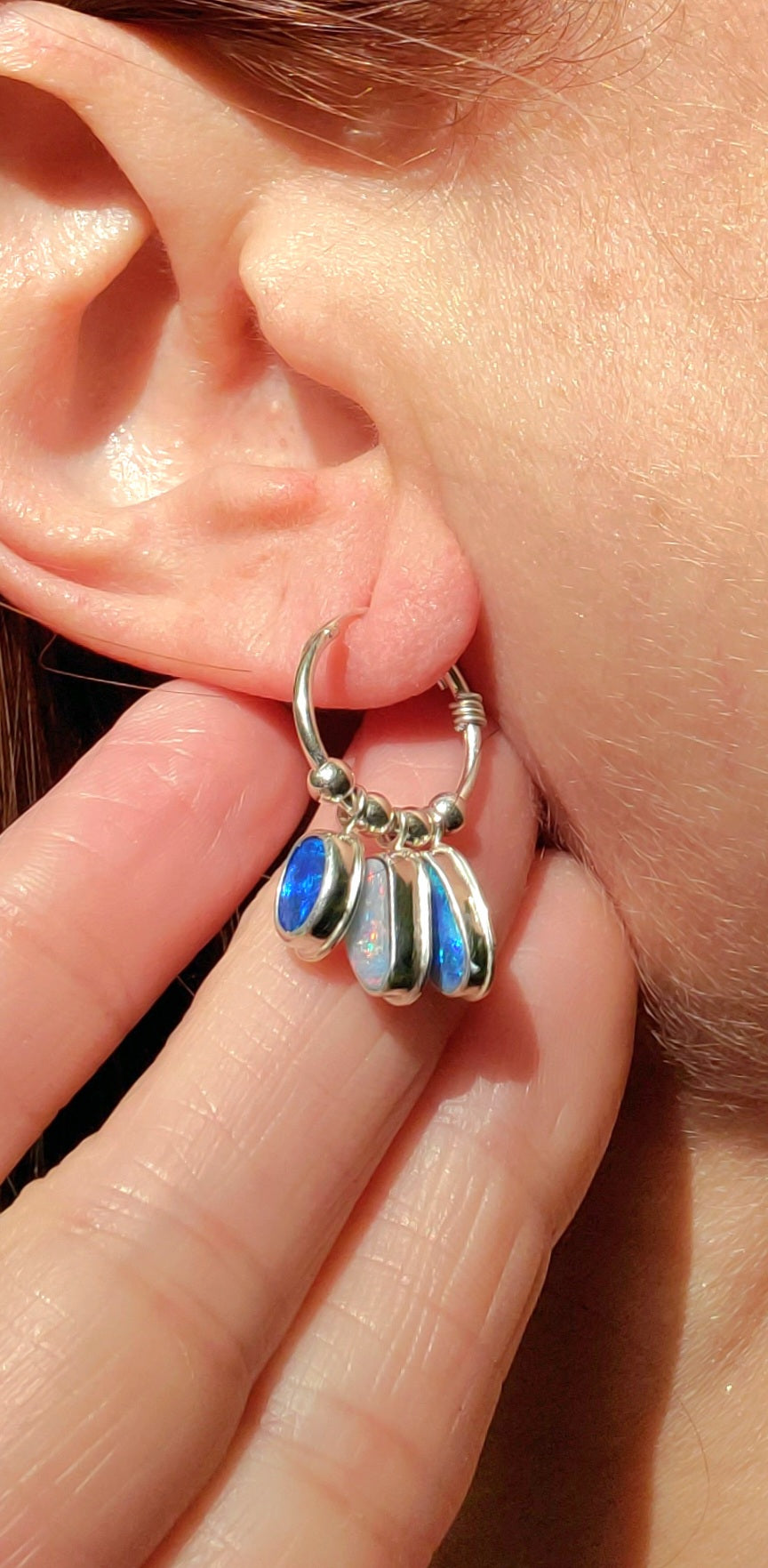 SOLD - Triple Australian Opal Hoop Earrings in Solid Sterling Silver