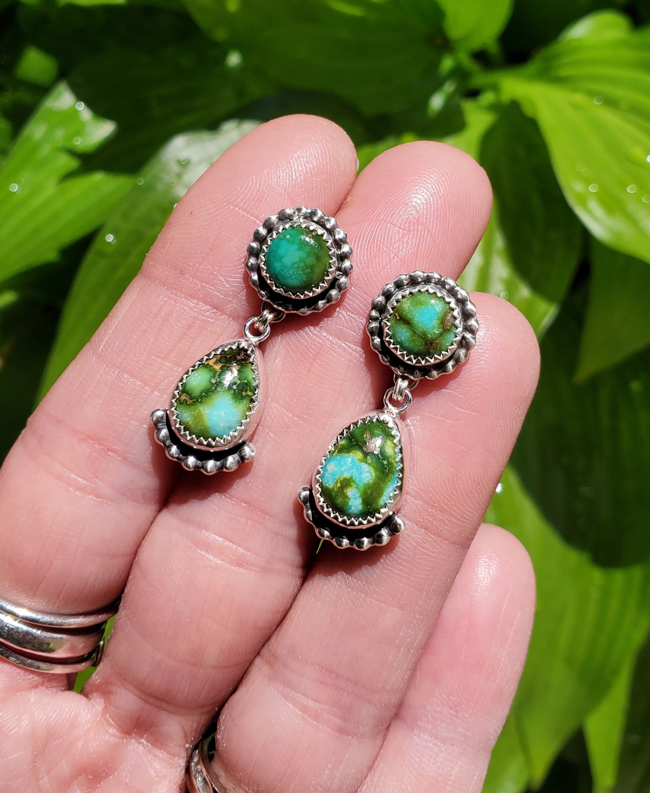 Gorgeous Sonoran Gold Turquoise Dangle Drop Earrings in Solid Sterling Silver