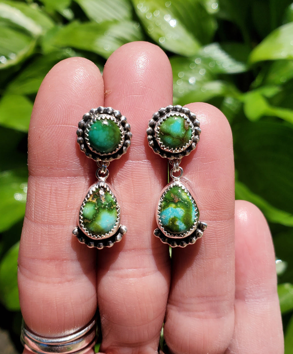 Gorgeous Sonoran Gold Turquoise Dangle Drop Earrings in Solid Sterling Silver