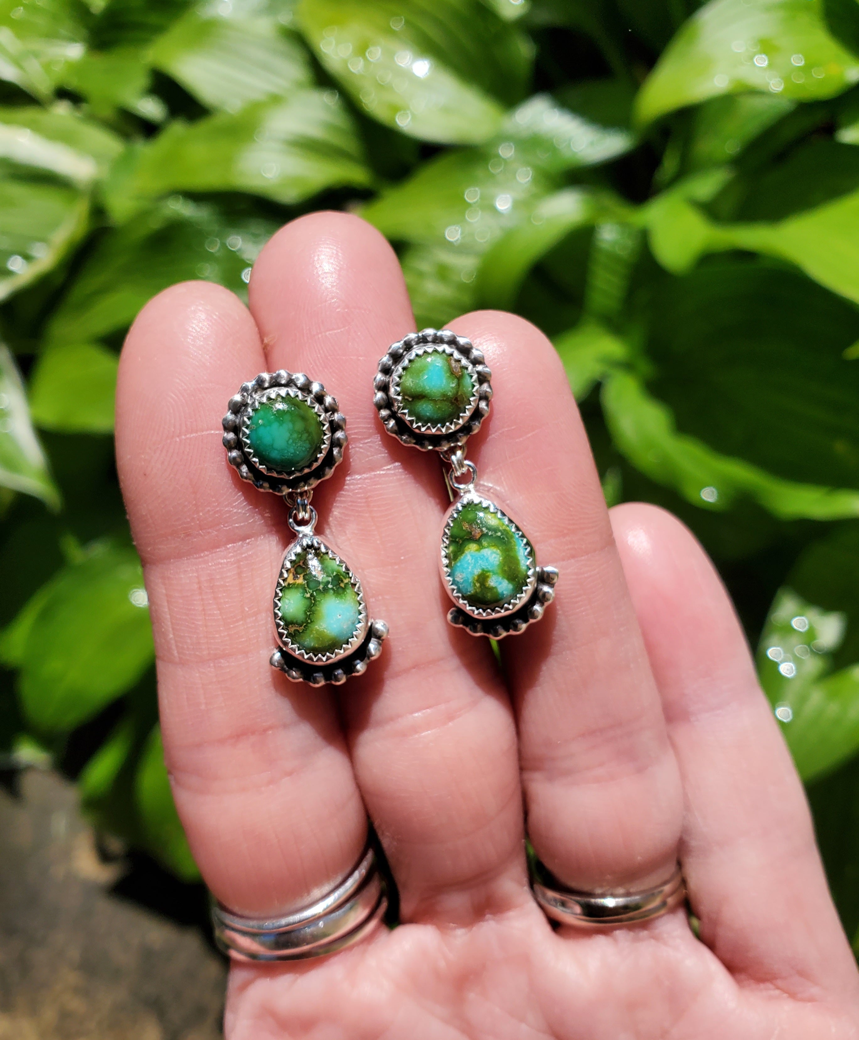 Gorgeous Sonoran Gold Turquoise Dangle Drop Earrings in Solid Sterling Silver