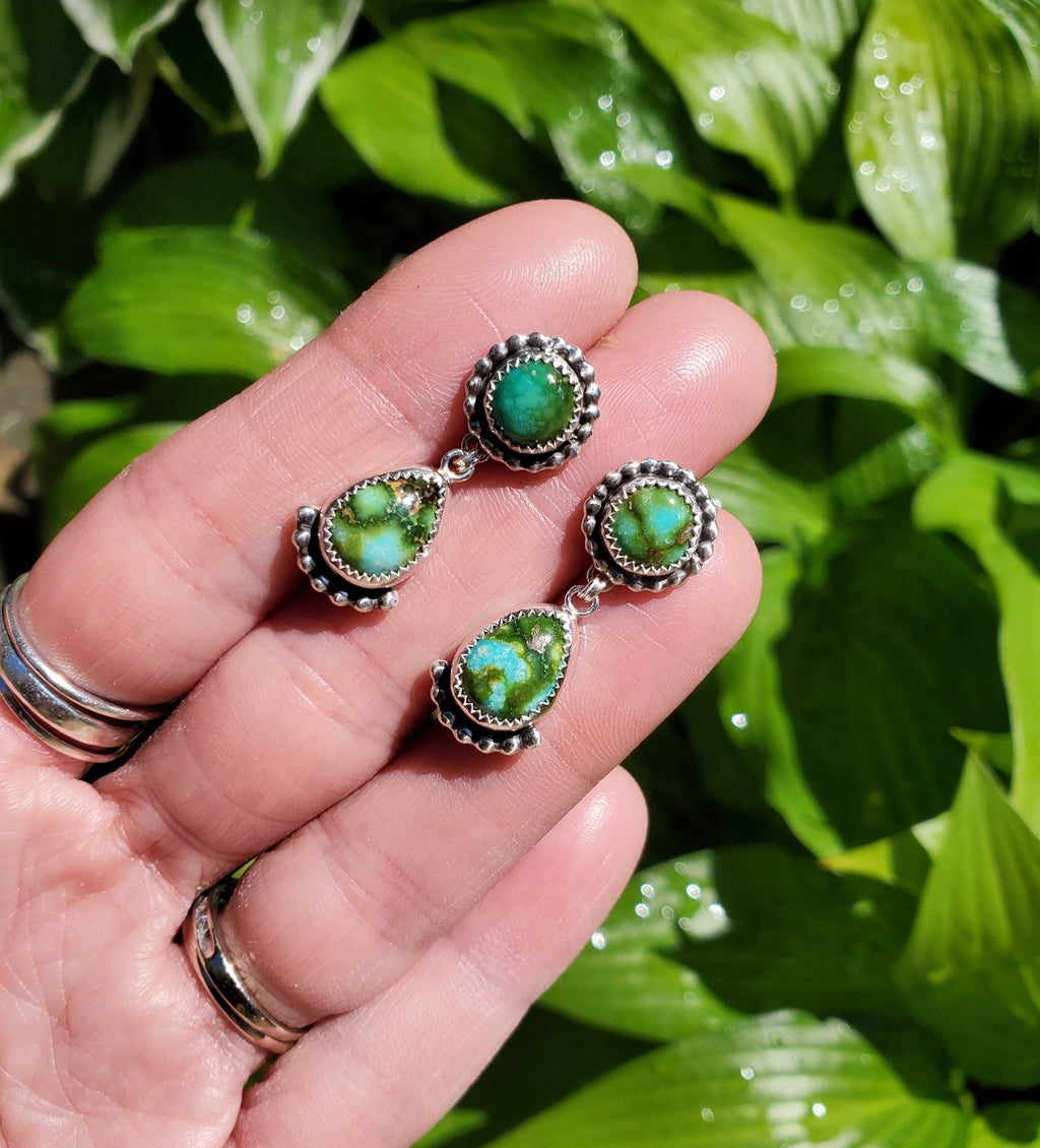 Gorgeous Sonoran Gold Turquoise Dangle Drop Earrings in Solid Sterling Silver