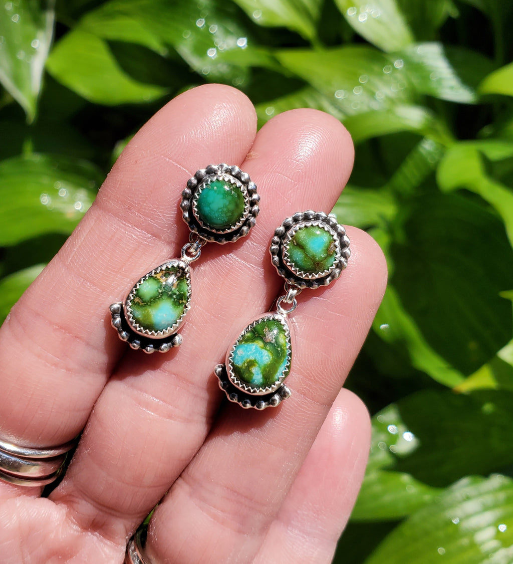 Gorgeous Sonoran Gold Turquoise Dangle Drop Earrings in Solid Sterling Silver