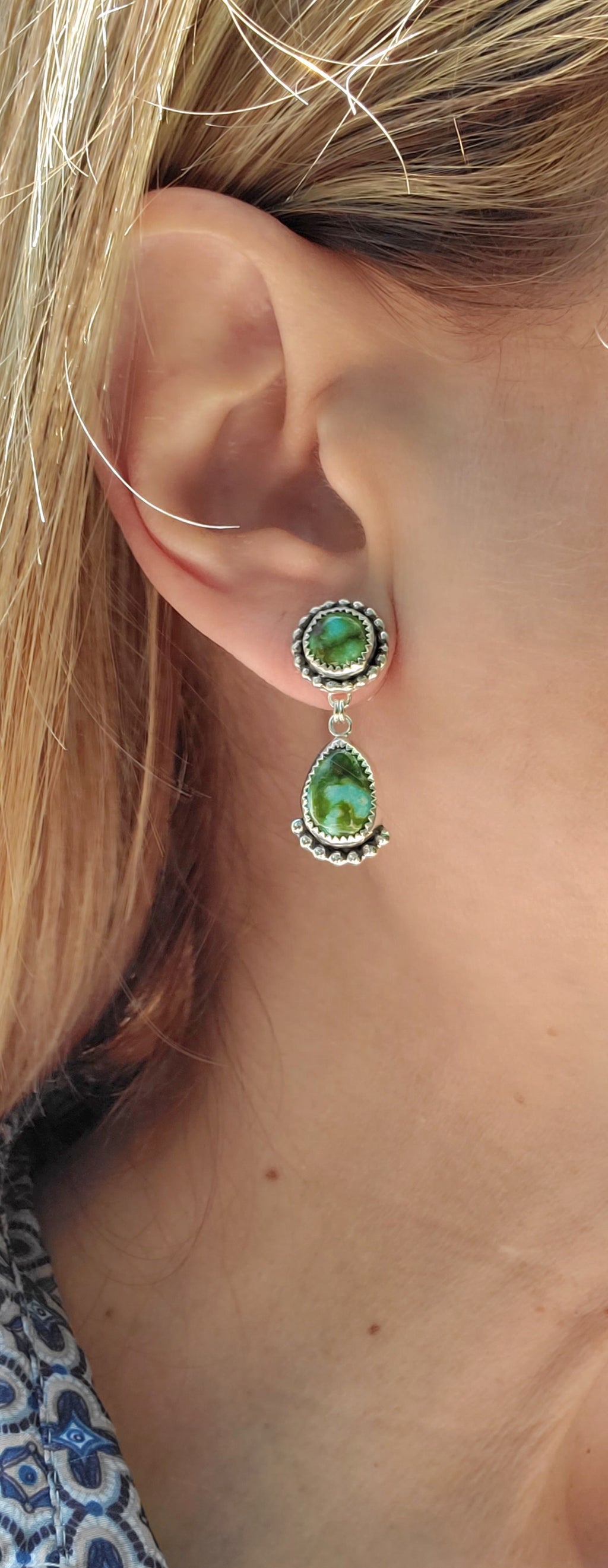 Gorgeous Sonoran Gold Turquoise Dangle Drop Earrings in Solid Sterling Silver