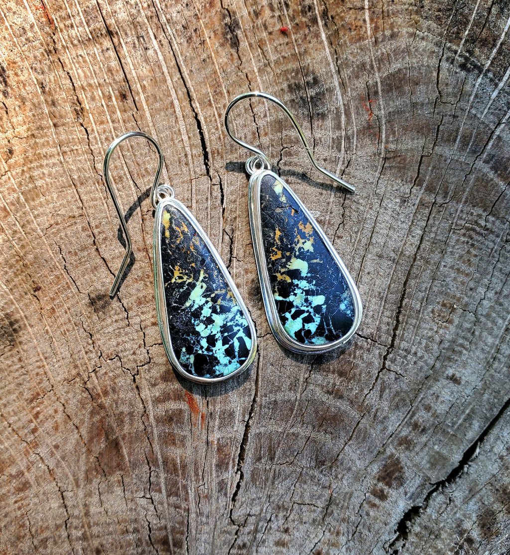 Black Jack Turquoise Dangle Drop Earrings in Solid Sterling Silver