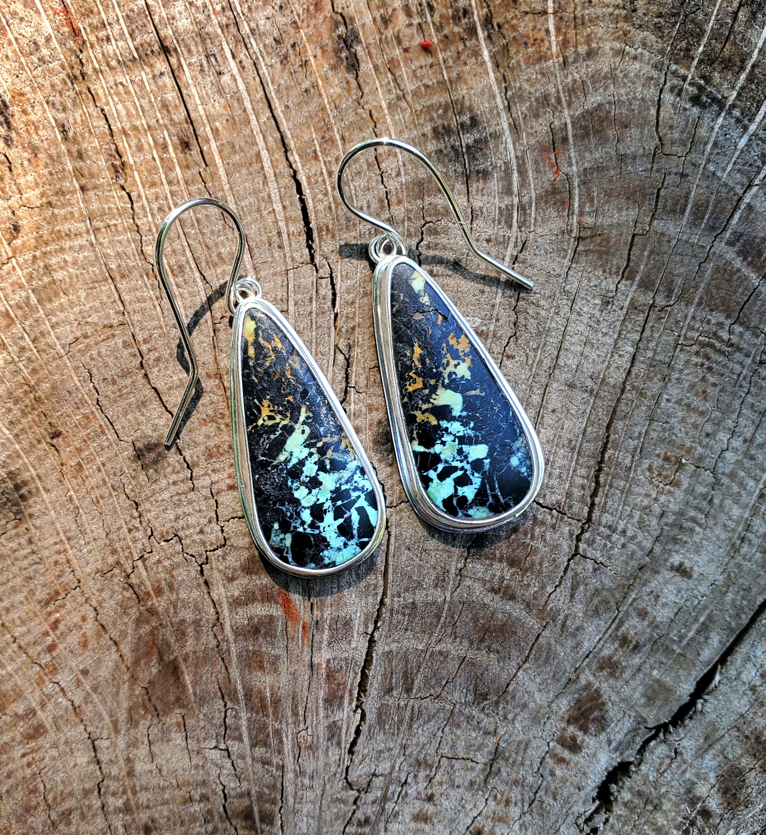 Black Jack Turquoise Dangle Drop Earrings in Solid Sterling Silver